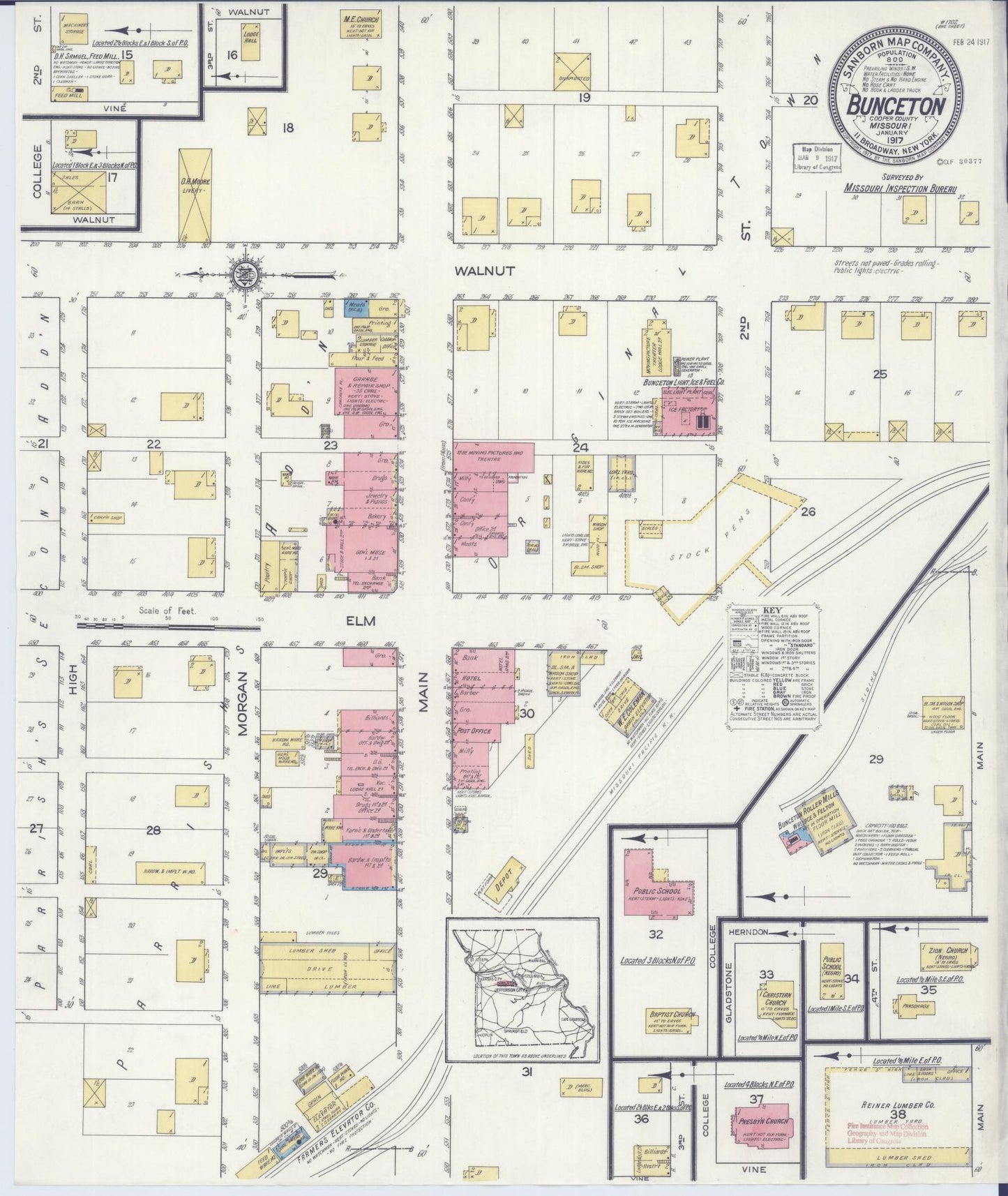 Sanborn Fire Insurance Map from Bunceton, Cooper County, Missouri (1917), Sheet #0001 - Historic Sanborn Fire Insurance Map Print, vintage old map wall art, antique decor, genealogy gift, Missouri Missouri map