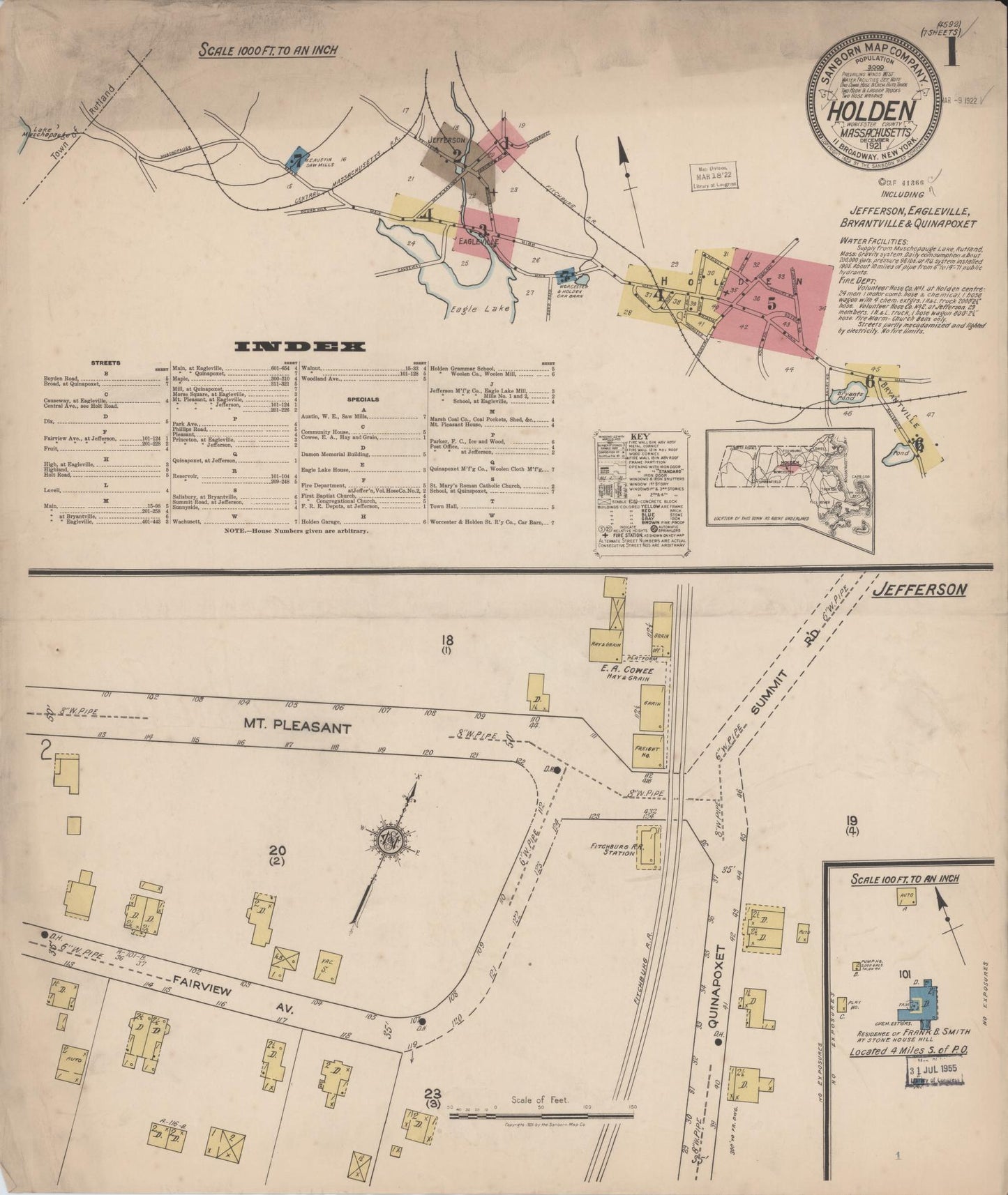 Sanborn Fire Insurance Map from Holden, Worcester County, Massachusetts (1921), Sheet #0001 - Historic Sanborn Fire Insurance Map Print, vintage old map wall art, antique decor, genealogy gift, Massachusetts Massachusetts map