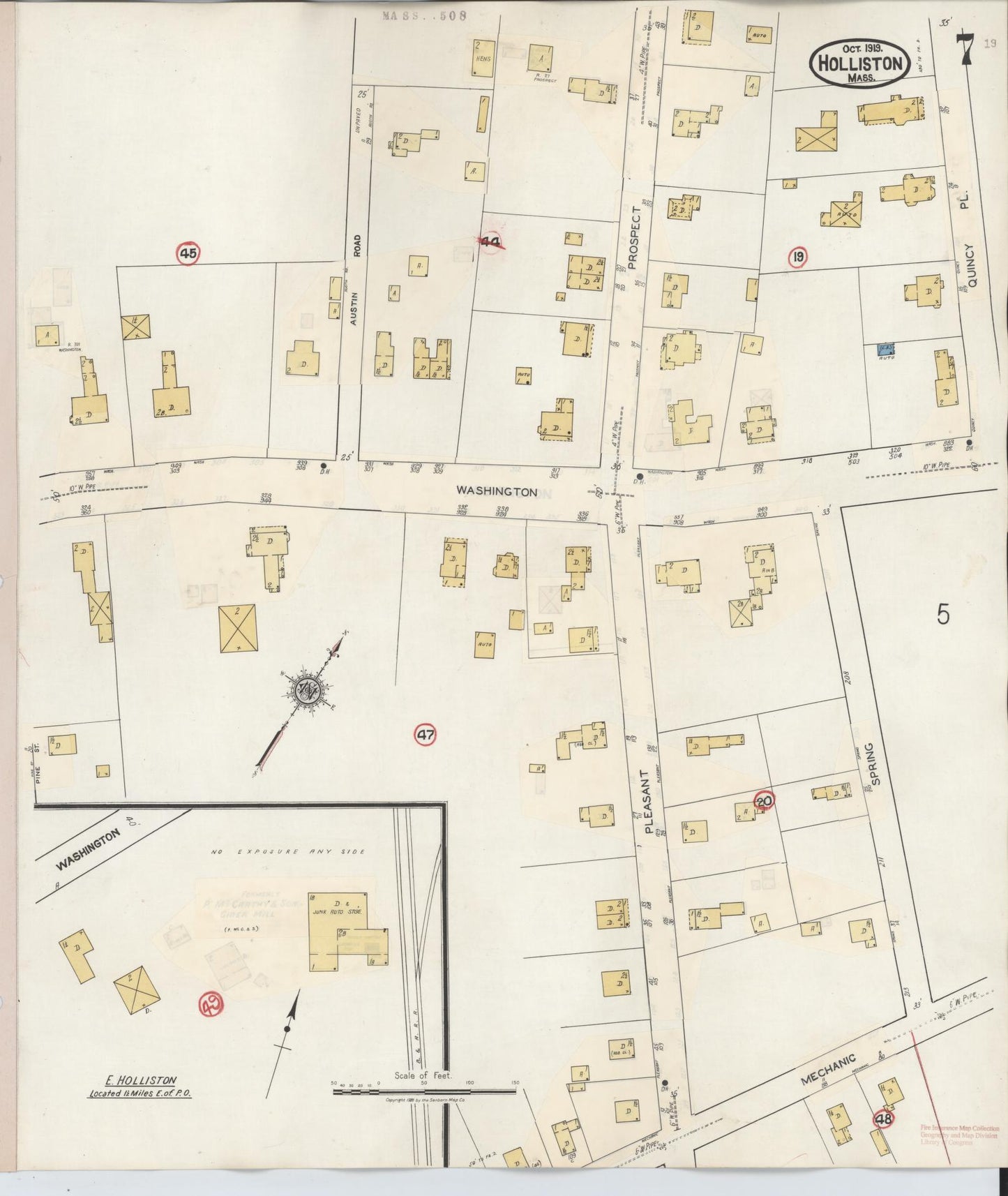 Sanborn Fire Insurance Map from Holliston, Middlesex County, Massachusetts (1942), Sheet #0007 - Historic Sanborn Fire Insurance Map Print, vintage old map wall art, antique decor, genealogy gift, Massachusetts Massachusetts map
