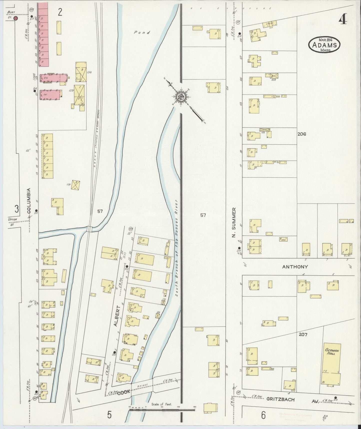 Sanborn Fire Insurance Map from Adams, Berkshire County, Massachusetts (1914), Sheet #0004 - Historic Sanborn Fire Insurance Map Print, vintage old map wall art, antique decor, genealogy gift, Massachusetts Massachusetts map