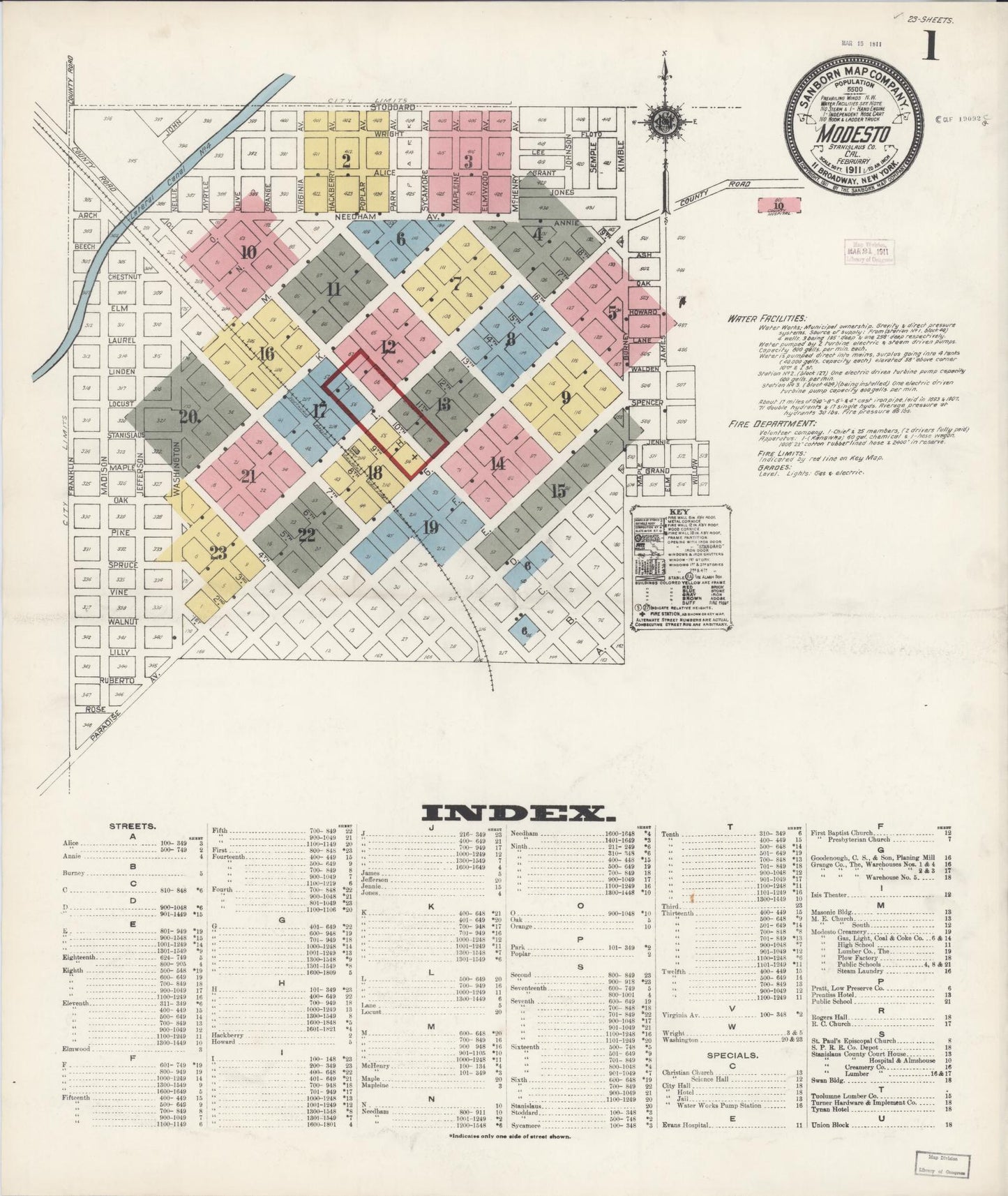 Sanborn Fire Insurance Map from Modesto, Stanislaus County, California (1911), Sheet #0001 - Historic Sanborn Fire Insurance Map Print, vintage old map wall art, antique decor, genealogy gift, California California map