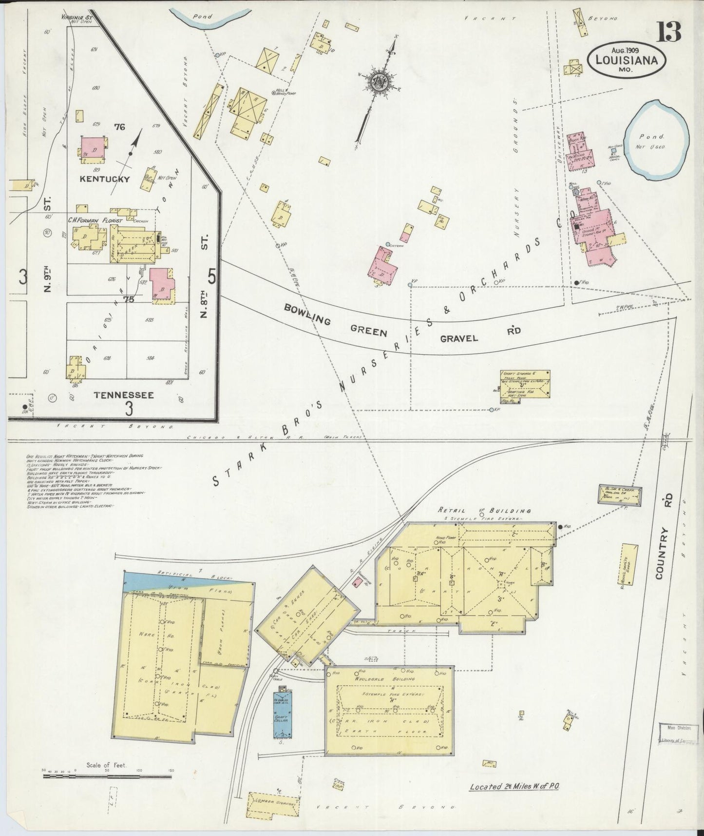 Sanborn Fire Insurance Map from Louisiana, Pike County, Missouri (1909), Sheet #0013 - Historic Sanborn Fire Insurance Map Print, vintage old map wall art, antique decor, genealogy gift, Missouri Missouri map