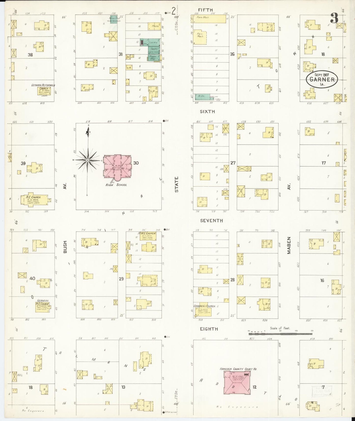 Sanborn Fire Insurance Map from Garner, Hancock County, Iowa (1907), Sheet #0003 - Historic Sanborn Fire Insurance Map Print, vintage old map wall art
