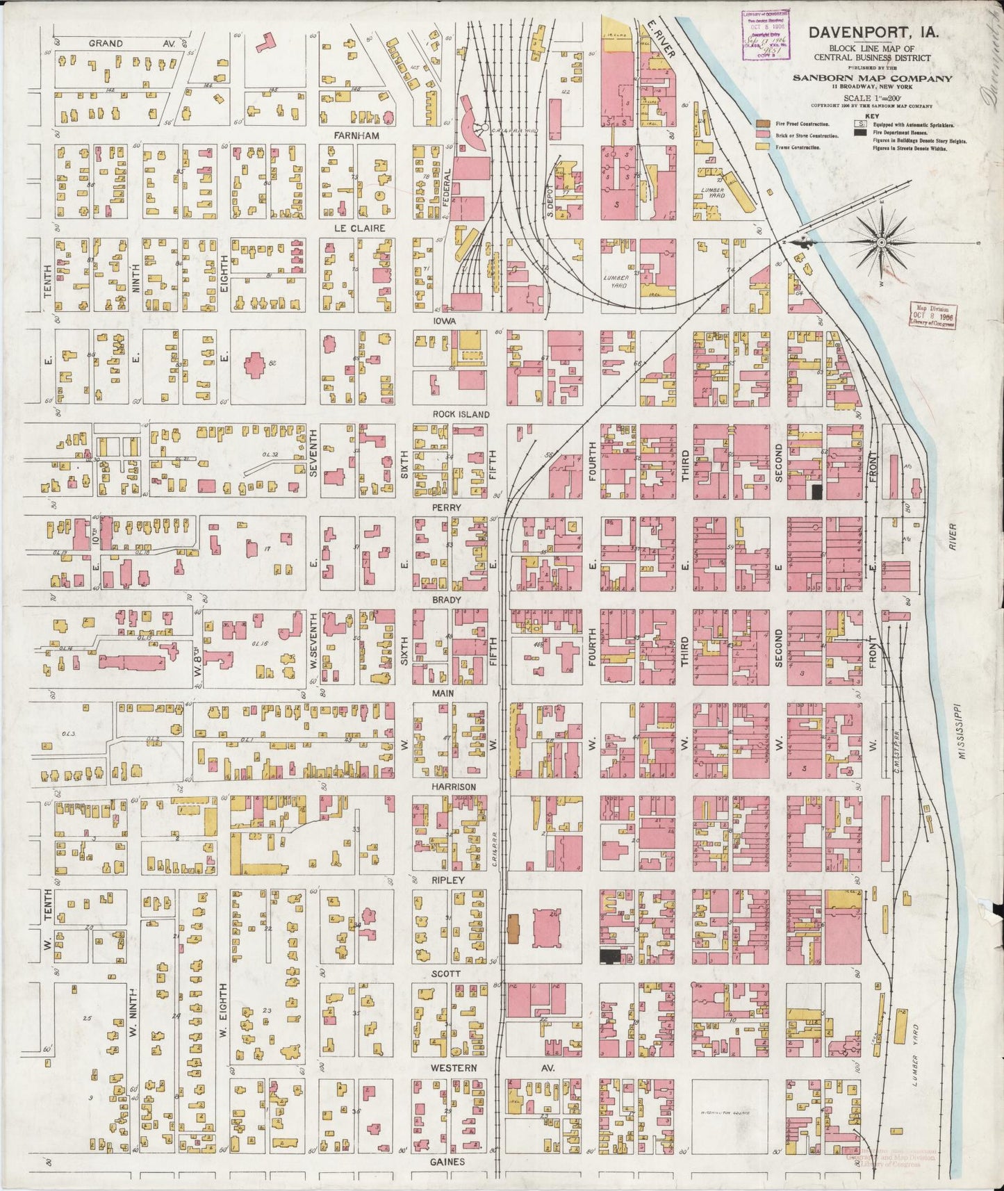 Sanborn Fire Insurance Map from Davenport, Scott County, Iowa (1906), Sheet #0001 - Historic Sanborn Fire Insurance Map Print, vintage old map wall art