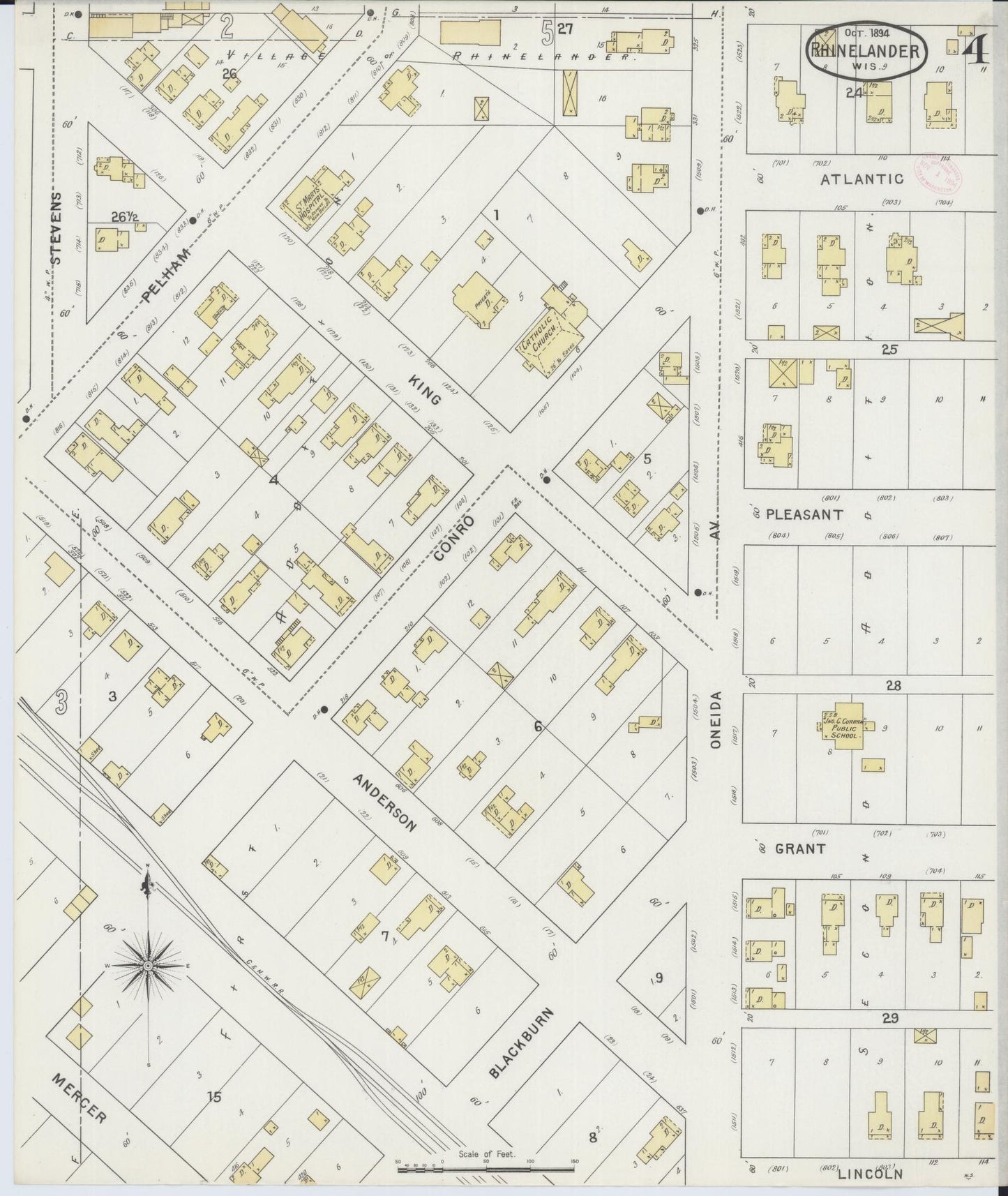 Sanborn Fire Insurance Map from Rhinelander, Oneida County, Wisconsin (1894), Sheet #0004 - Historic Sanborn Fire Insurance Map Print, vintage old map wall art, antique decor, genealogy gift, Wisconsin Wisconsin map