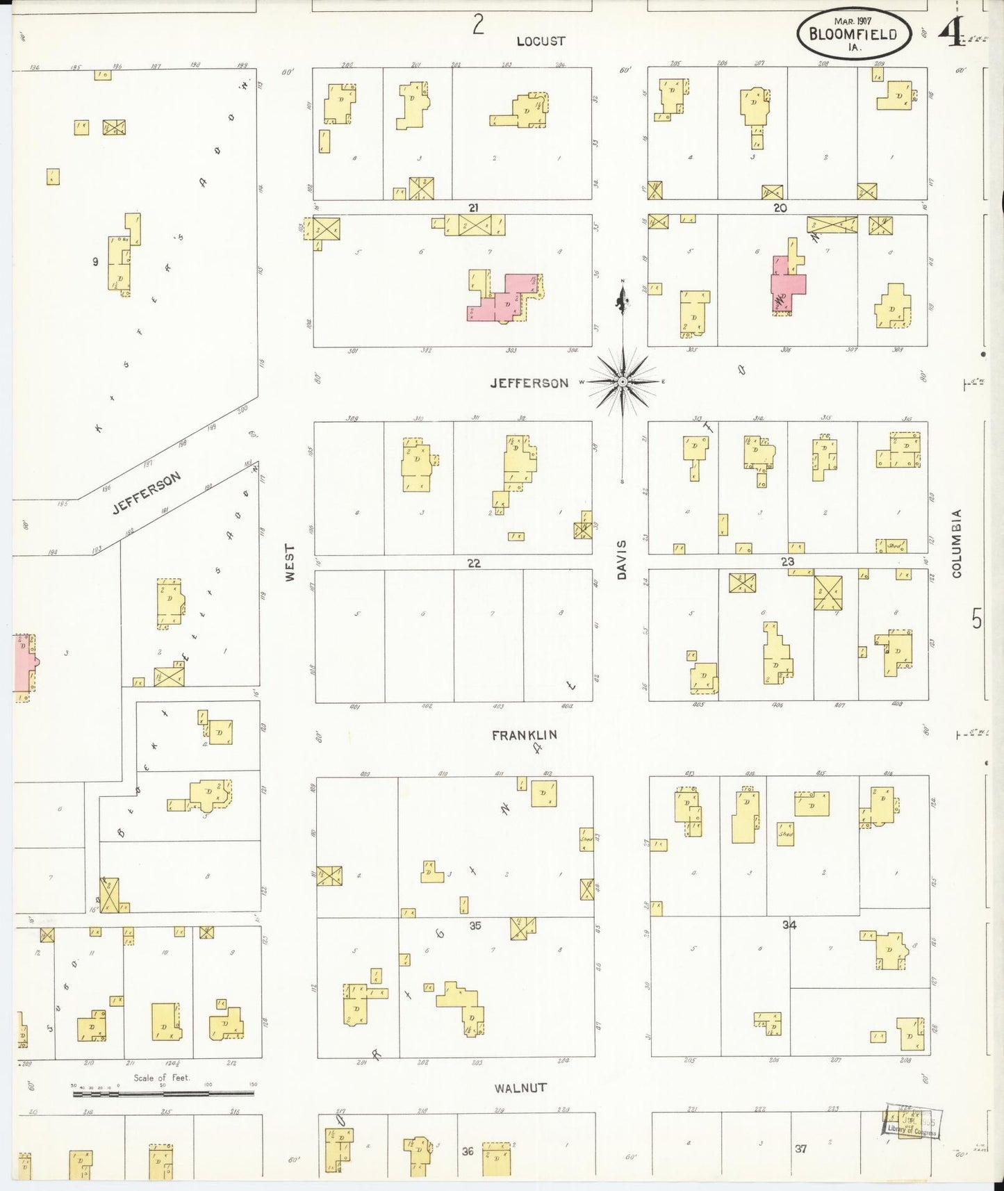 Sanborn Fire Insurance Map from Bloomfield, Davis County, Iowa (1907), Sheet #0004 - Historic Sanborn Fire Insurance Map Print, vintage old map wall art