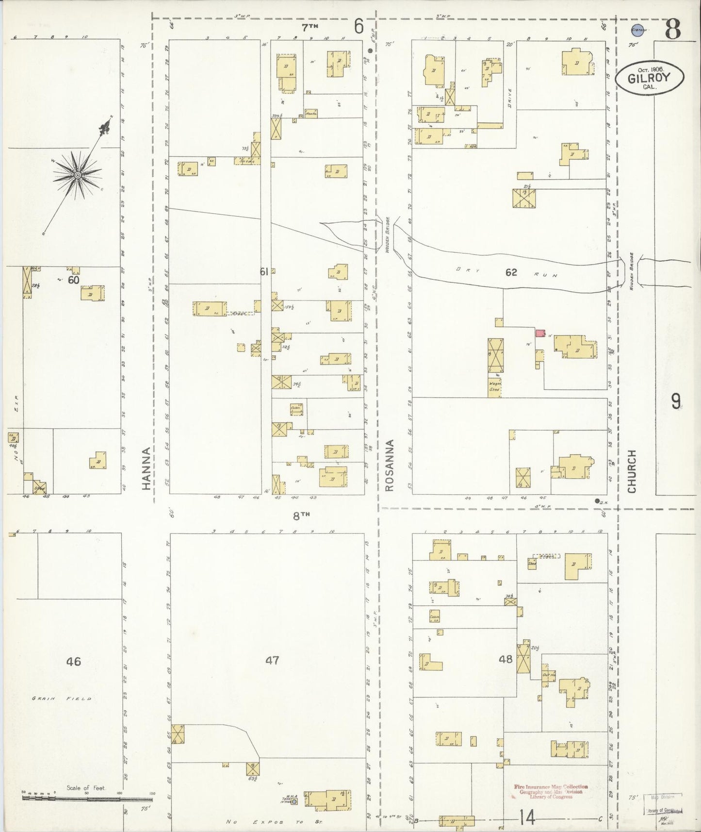 Sanborn Fire Insurance Map from Gilroy, Santa Clara County, California (1906), Sheet #0008 - Historic Sanborn Fire Insurance Map Print, vintage old map wall art, antique decor, genealogy gift, California California map