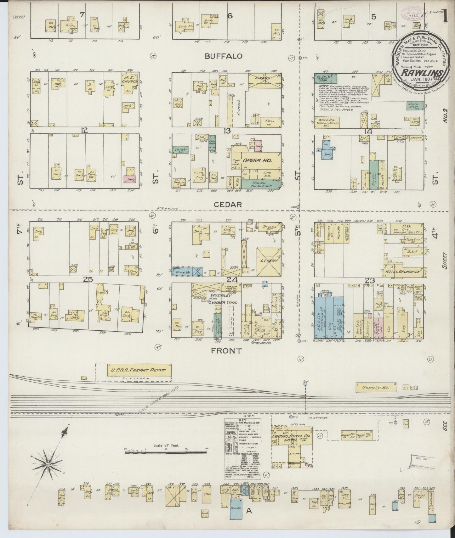 Sanborn Fire Insurance Map from Rawlins, Carbon County, Wyoming. (1887) – Historic Sanborn Fire Insurance Map Print