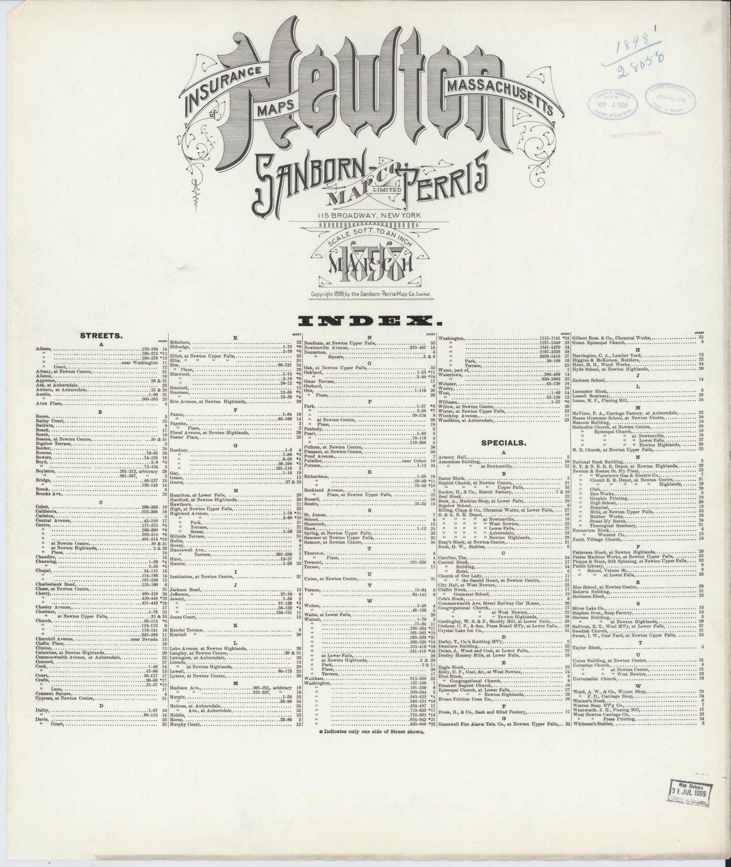 Sanborn Fire Insurance Map from Newton, Middlesex County, Massachusetts (1898), Sheet #0001 - Historic Sanborn Fire Insurance Map Print, vintage old map wall art, antique decor, genealogy gift, Massachusetts Massachusetts map