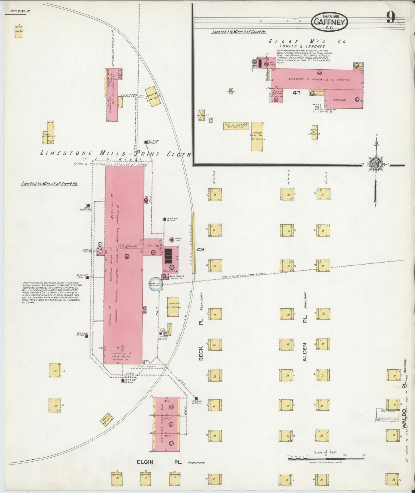 Sanborn Fire Insurance Map from Gaffney, Cherokee County, South Carolina (1918), Sheet #0009 - Complete Map Set gallery image, historic Sanborn map, vintage wall art, South Carolina South Carolina