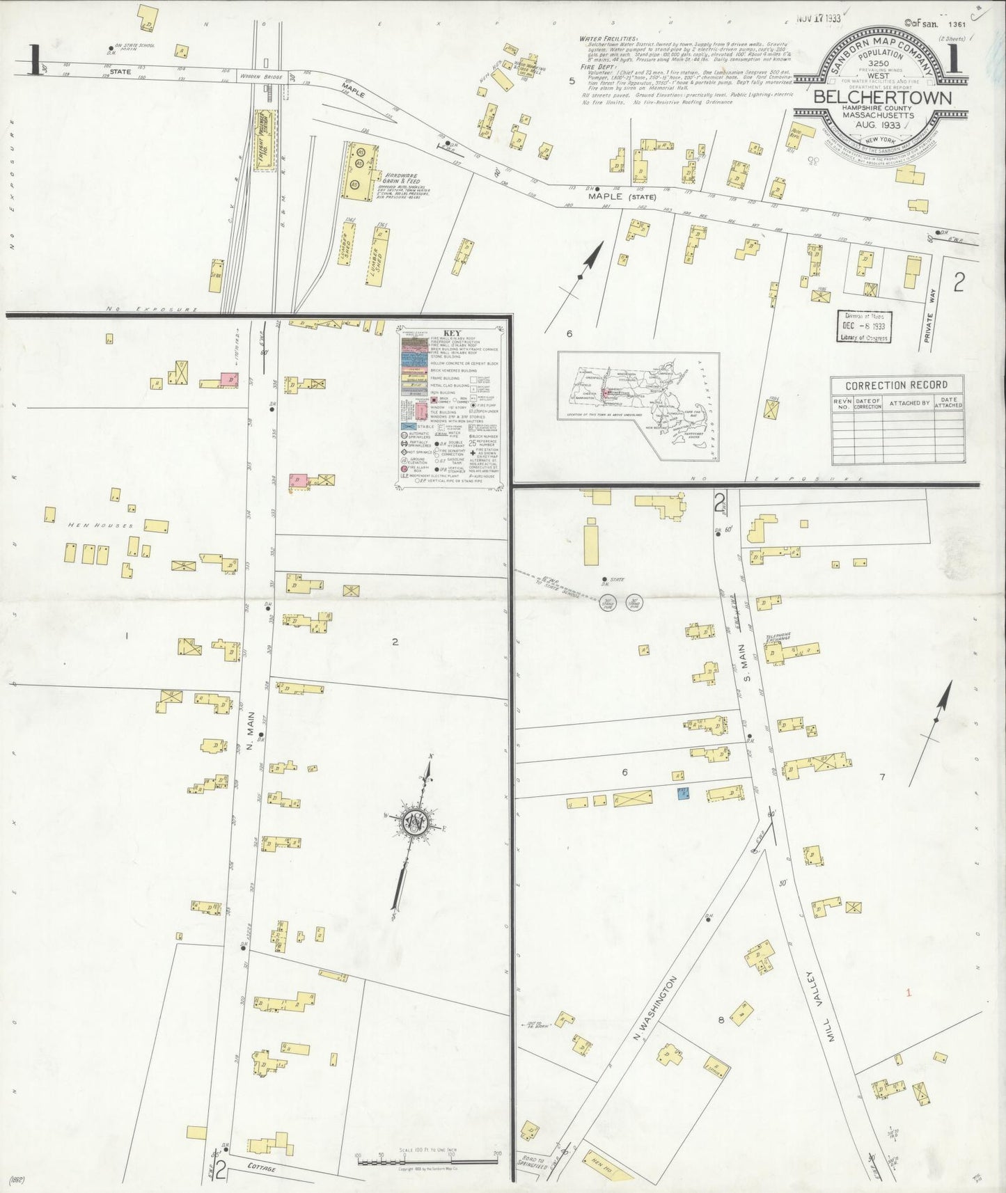 Sanborn Fire Insurance Map from Belchertown, Hampshire County, Massachusetts (1933), Sheet #0001 - Historic Sanborn Fire Insurance Map Print, vintage old map wall art, antique decor, genealogy gift, Massachusetts Massachusetts map