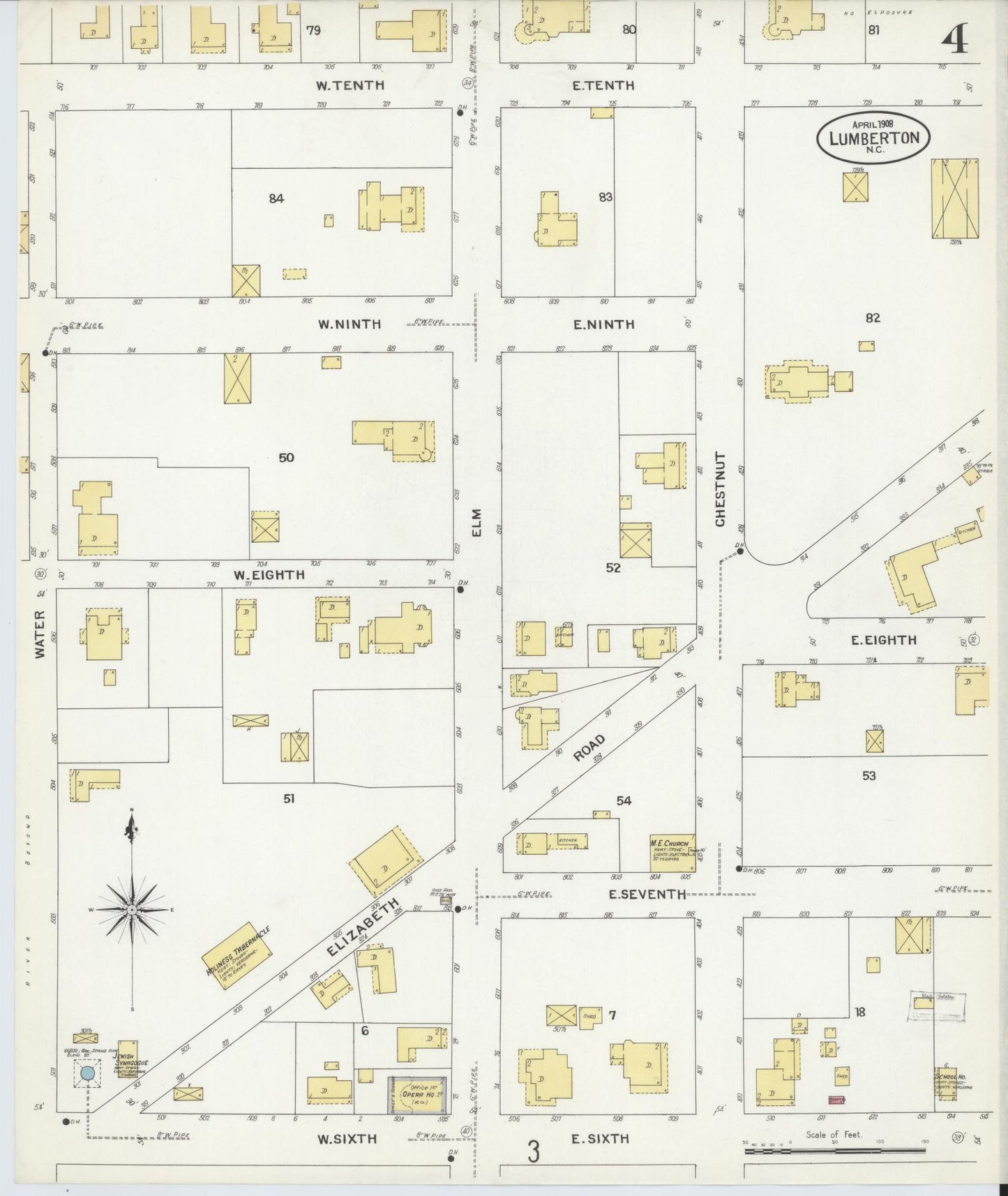 Sanborn Fire Insurance Map from Lumberton, Robeson County, North Carolina (1908), Sheet #0004 - Historic Sanborn Fire Insurance Map Print, vintage old map wall art, antique decor, genealogy gift, North Carolina North Carolina map