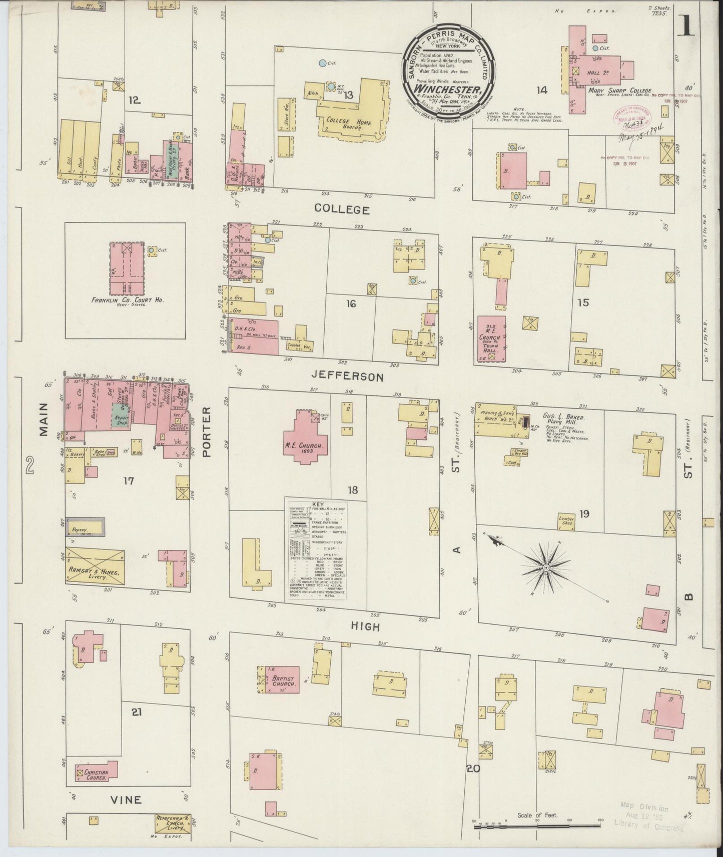 Sanborn Fire Insurance Map from Winchester, Franklin County, Tennessee (1892), Sheet #0001 - Historic Sanborn Fire Insurance Map Print, vintage old map wall art, antique decor, genealogy gift, Tennessee Tennessee map