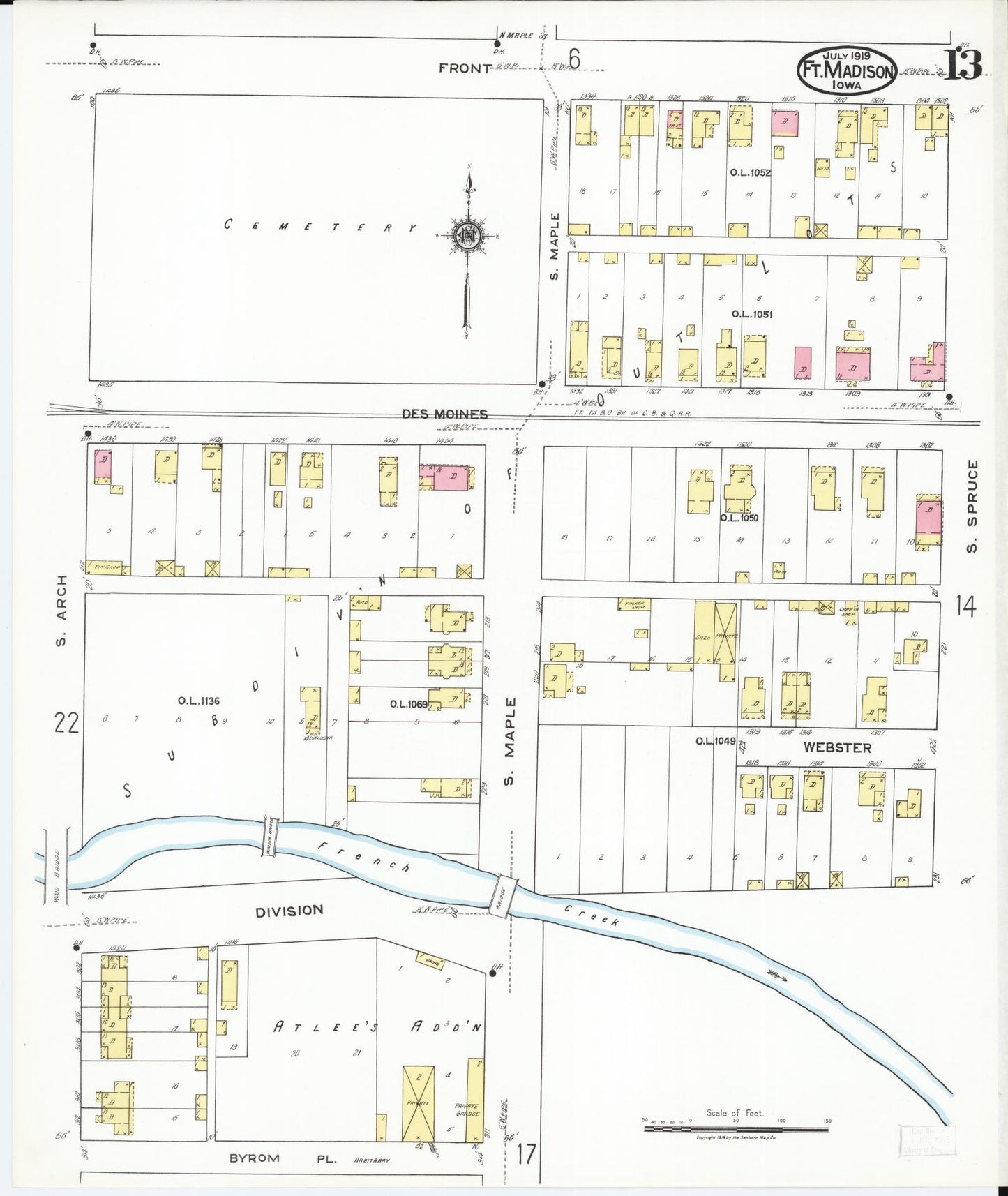 Sanborn Fire Insurance Map from Fort Madison, Lee County, Iowa (1919), Sheet #0013 - Historic Sanborn Fire Insurance Map Print, vintage old map wall art