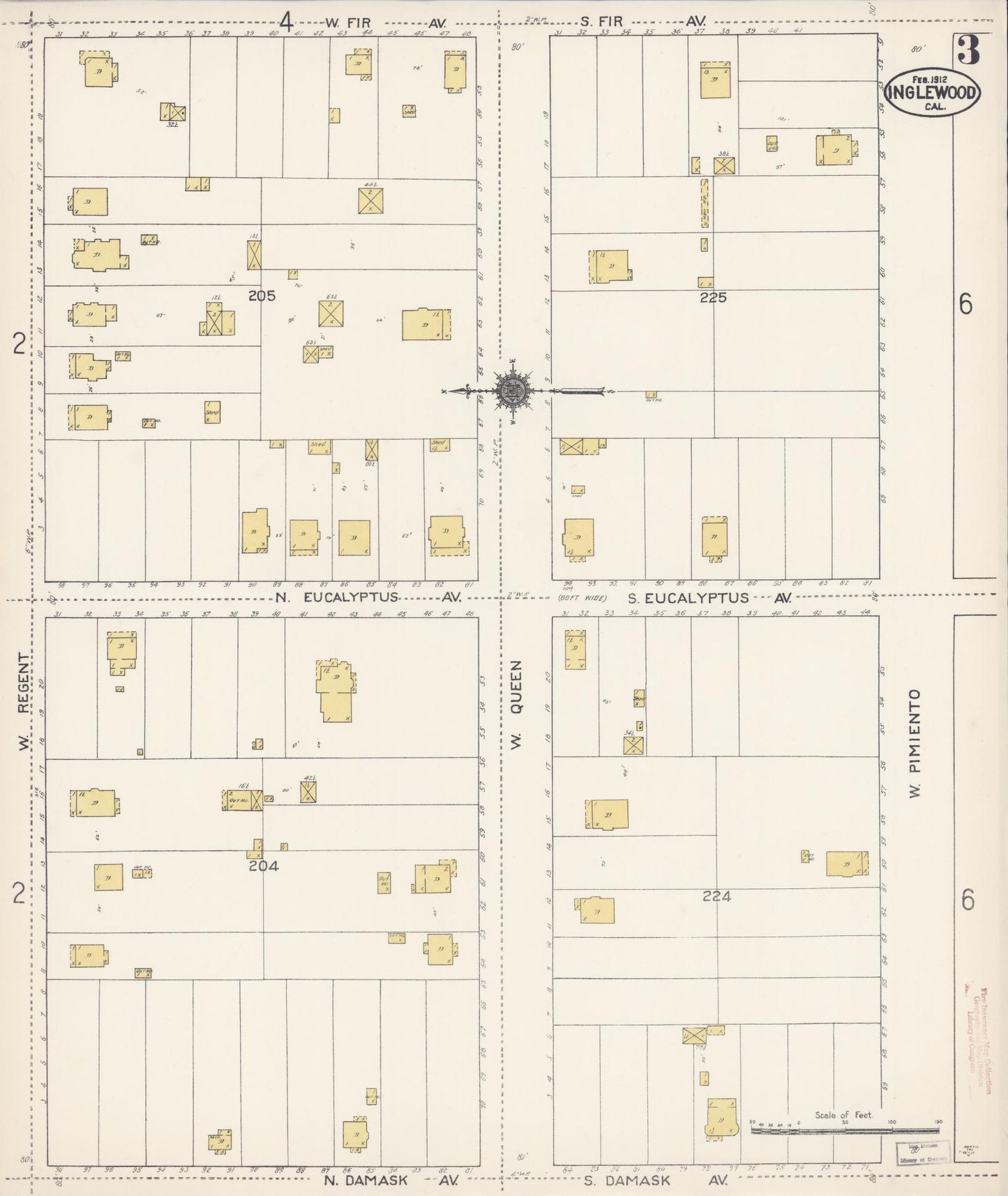 Sanborn Fire Insurance Map from Inglewood, Los Angeles County, California (1912), Sheet #0003 - Historic Sanborn Fire Insurance Map Print, vintage old map wall art, antique decor, genealogy gift, California California map