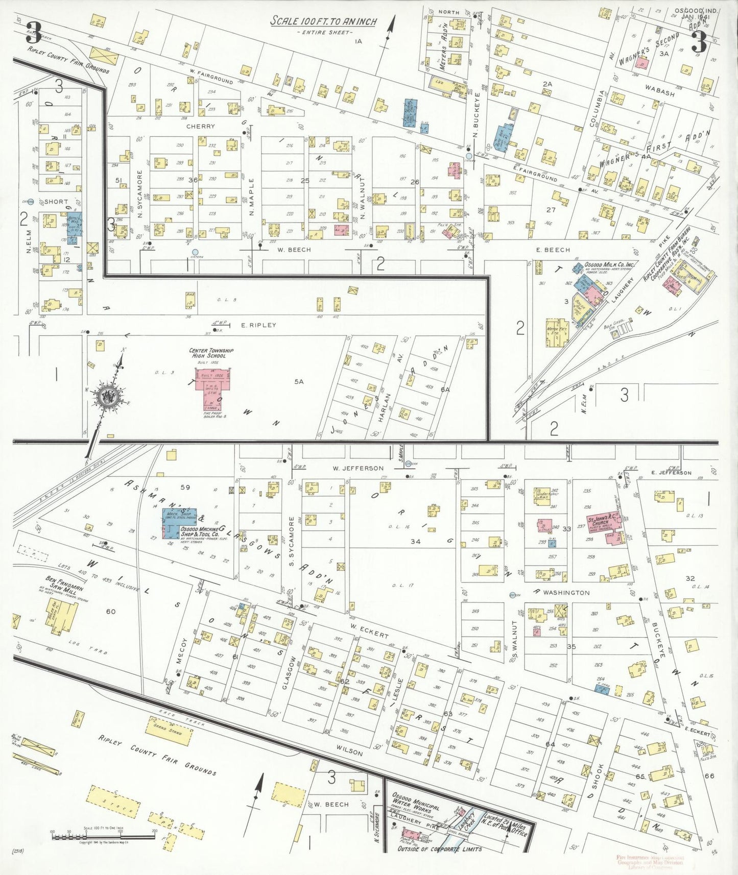Sanborn Fire Insurance Map from Osgood, Ripley County, Indiana (1941), Sheet #0003 - Complete Map Set gallery image, historic Sanborn map, vintage wall art, Indiana Indiana