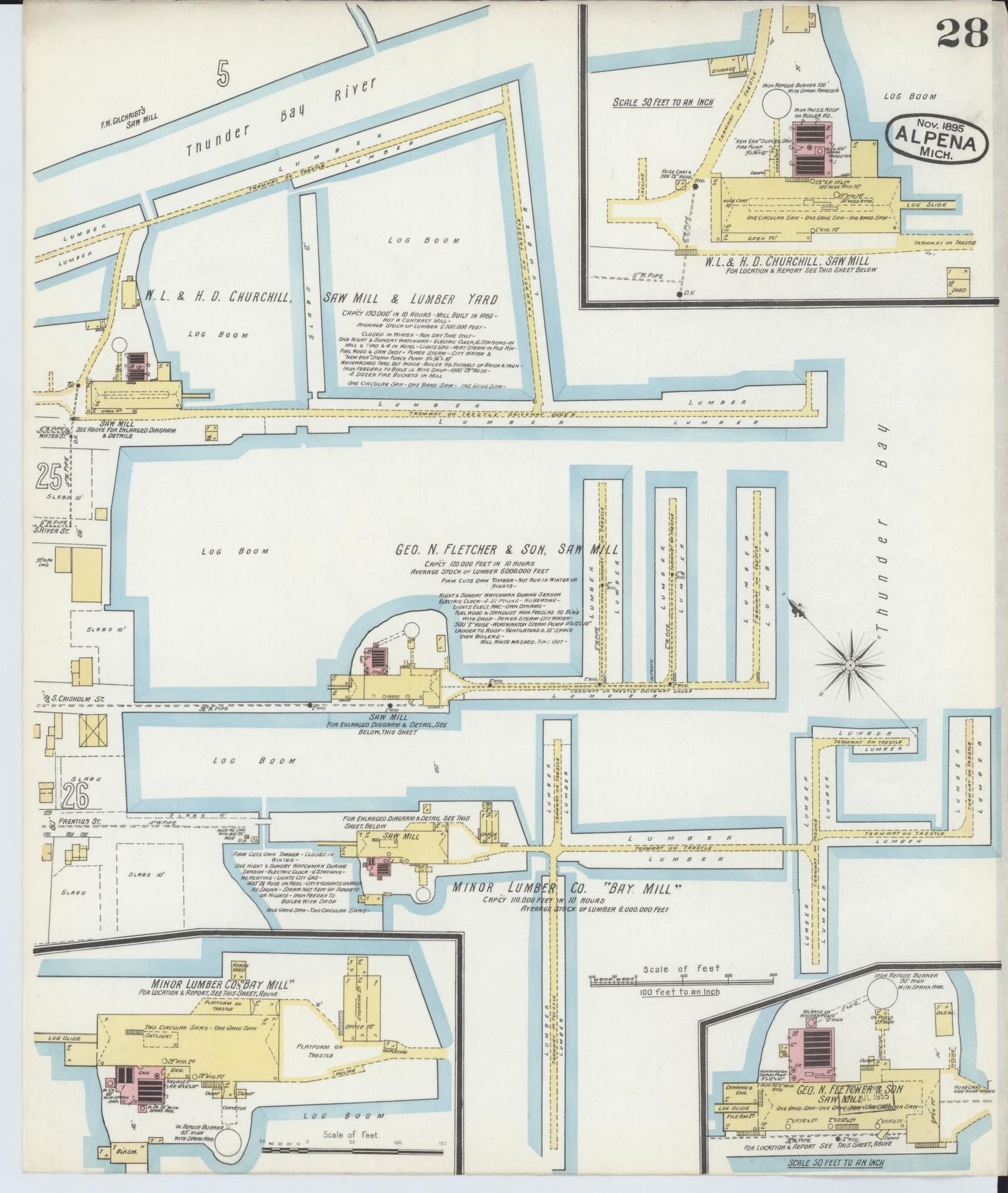 Sanborn Fire Insurance Map from Alpena, Alpena County, Michigan (1895), Sheet #0028 - Historic Sanborn Fire Insurance Map Print, vintage old map wall art, antique decor, genealogy gift, Michigan Michigan map