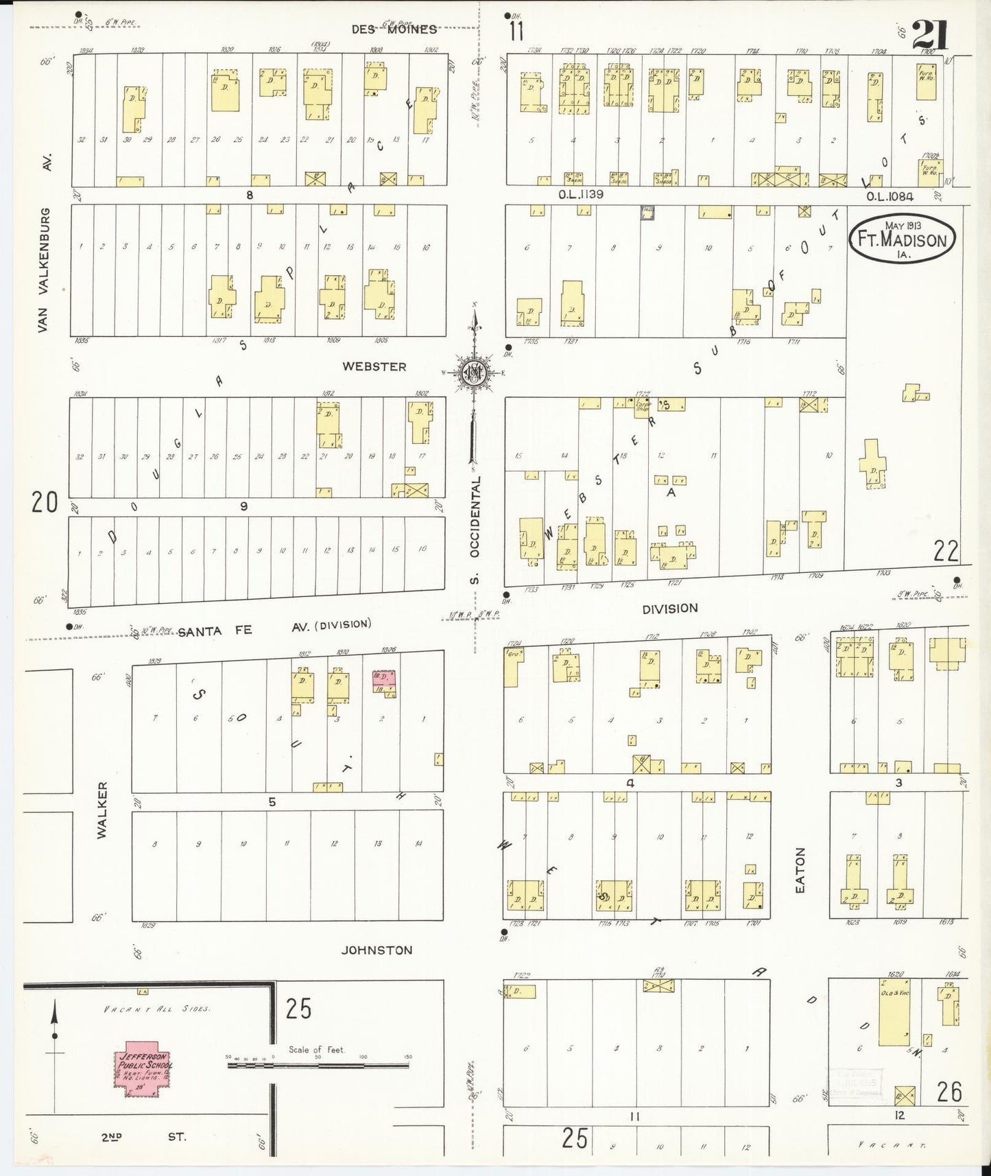 Sanborn Fire Insurance Map from Fort Madison, Lee County, Iowa (1913), Sheet #0021 - Historic Sanborn Fire Insurance Map Print, vintage old map wall art