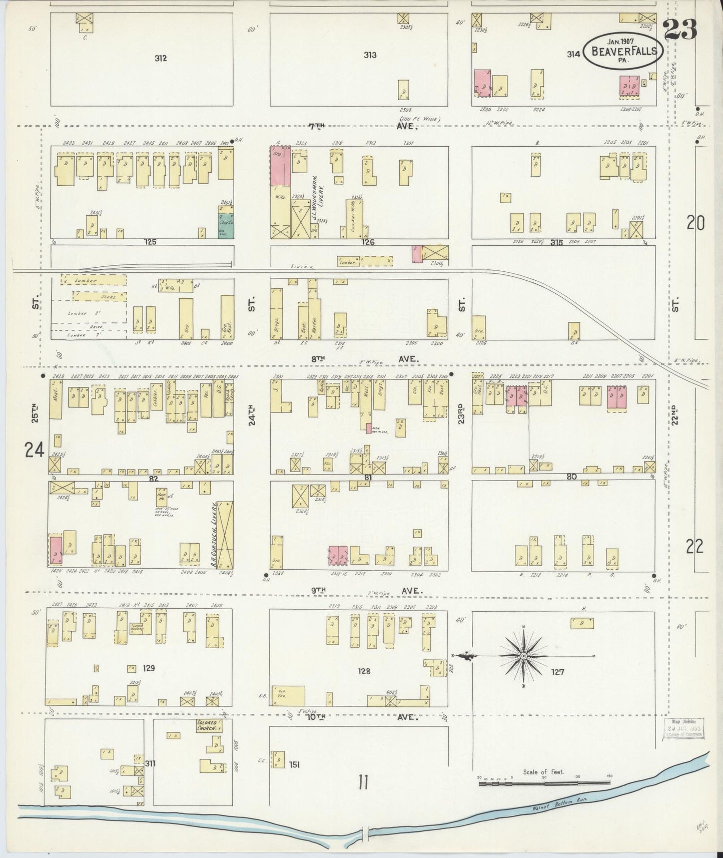 Sanborn Fire Insurance Map from Beaver Falls, Beaver County, Pennsylvania (1907), Sheet #0023 - Historic Sanborn Fire Insurance Map Print, vintage old map wall art, antique decor, genealogy gift, Pennsylvania Pennsylvania map