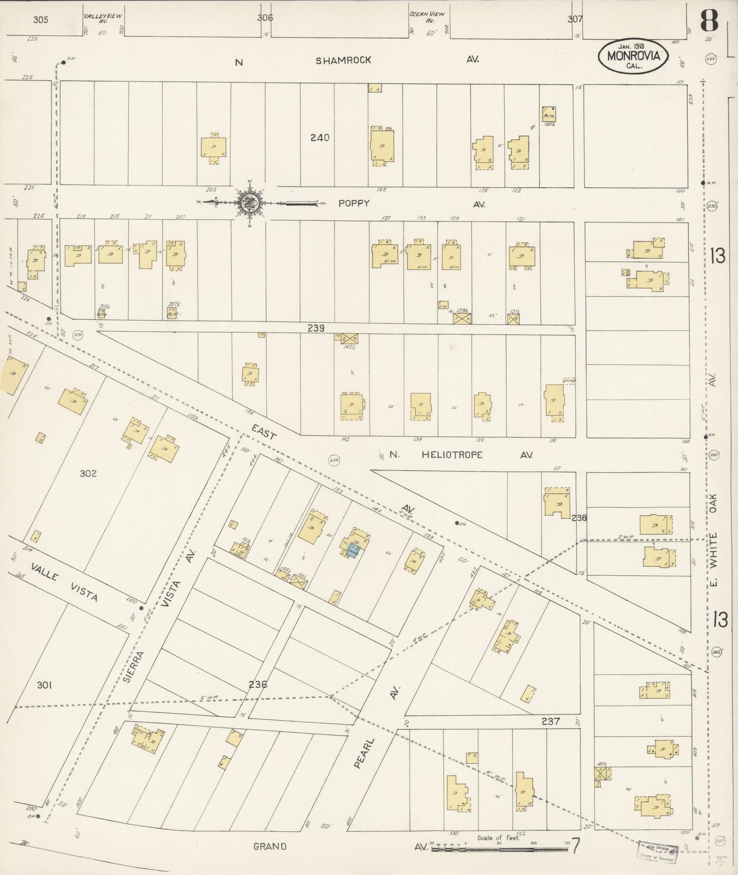 Sanborn Fire Insurance Map from Monrovia, Los Angeles County, California (1913), Sheet #0008 - Historic Sanborn Fire Insurance Map Print, vintage old map wall art, antique decor, genealogy gift, California California map