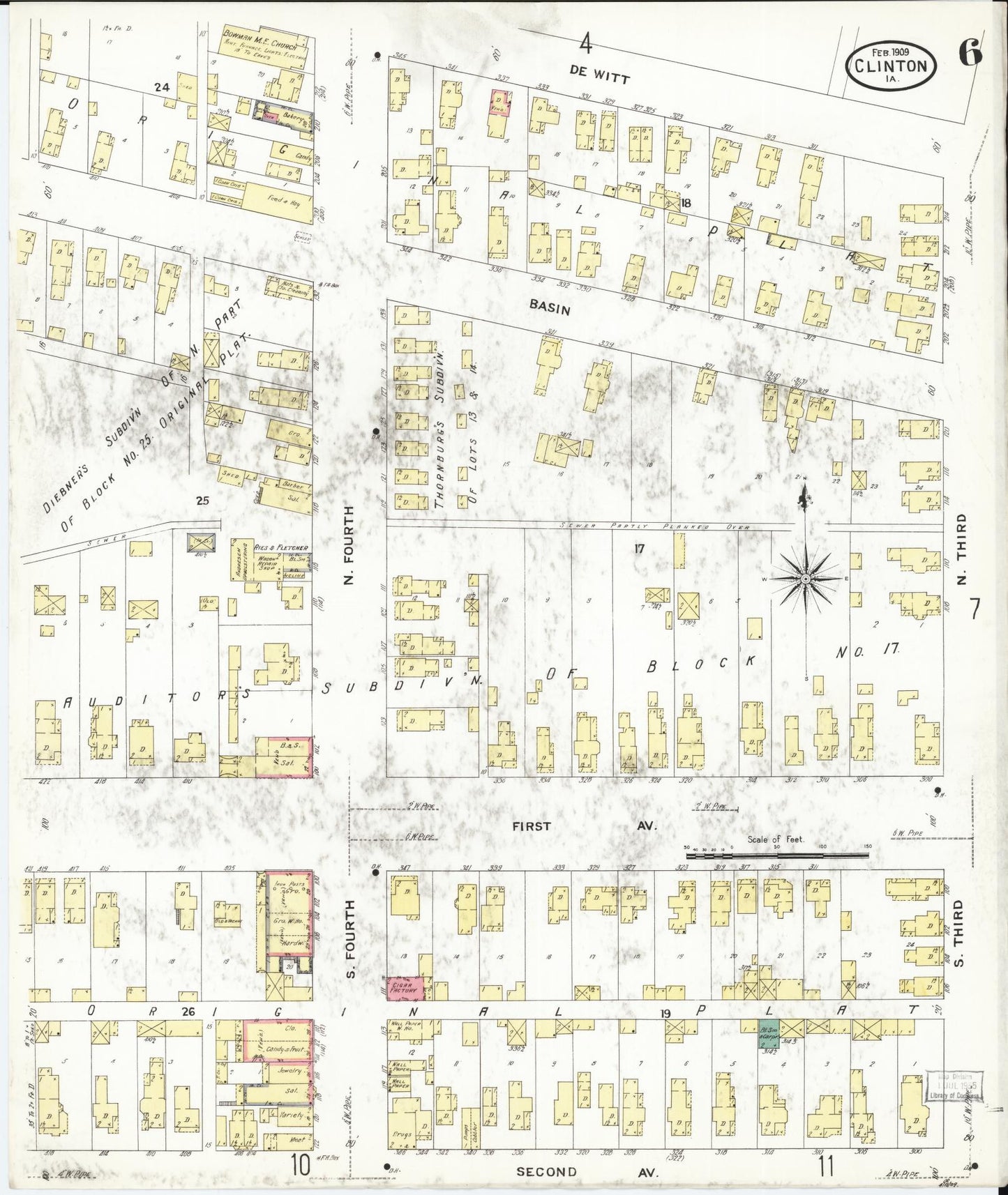 Sanborn Fire Insurance Map from Clinton, Clinton County, Iowa (1909), Sheet #0006 - Historic Sanborn Fire Insurance Map Print, vintage old map wall art