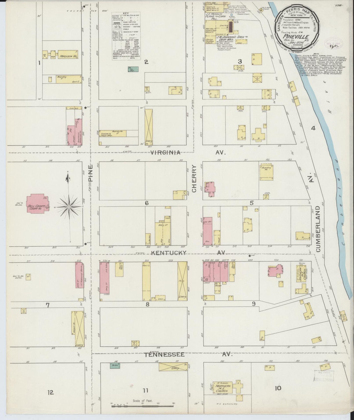 Sanborn Fire Insurance Map from Pineville, Bell County, Kentucky (1894), Sheet #0001 - Historic Sanborn Fire Insurance Map Print, vintage old map wall art, antique decor, genealogy gift, Kentucky Kentucky map