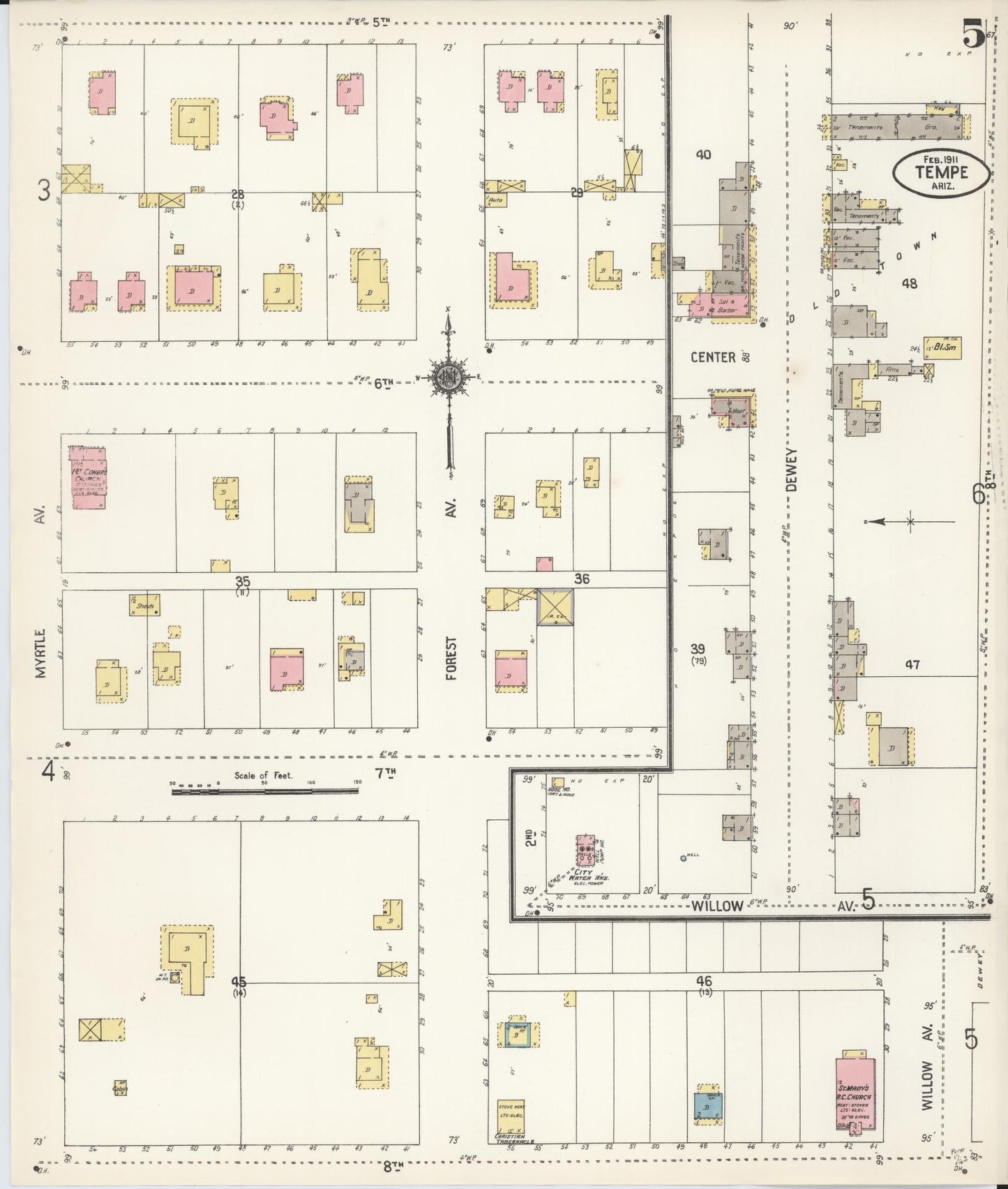 Sanborn Fire Insurance Map from Tempe, Maricopa County, Arizona (1911), Sheet #0005 - Historic Sanborn Fire Insurance Map Print, vintage old map wall art, antique decor, genealogy gift, Arizona Arizona map