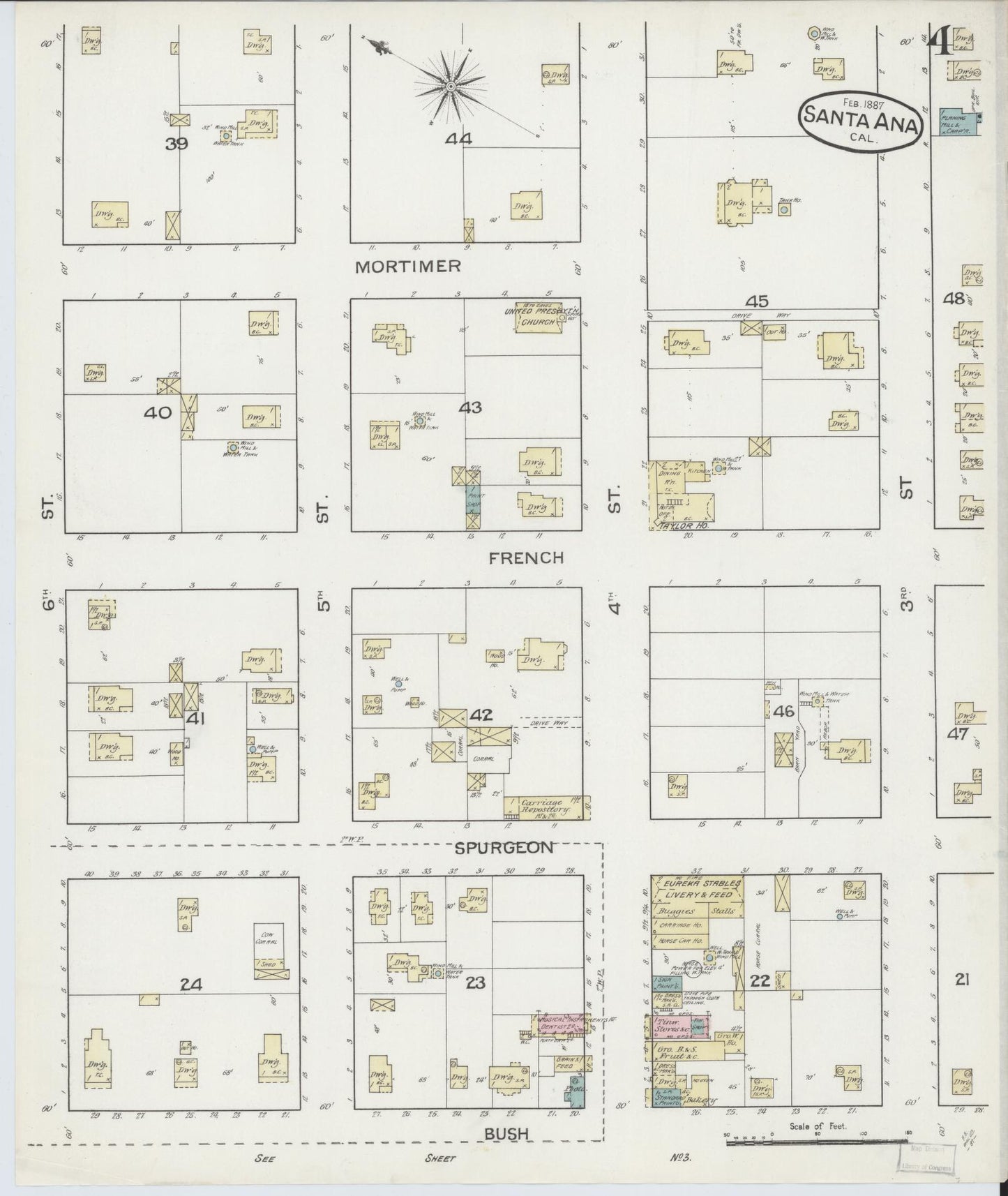 Sanborn Fire Insurance Map from Santa Ana, Orange County, California (1887), Sheet #0004 - Complete Map Set gallery image, historic Sanborn map, vintage wall art, California California