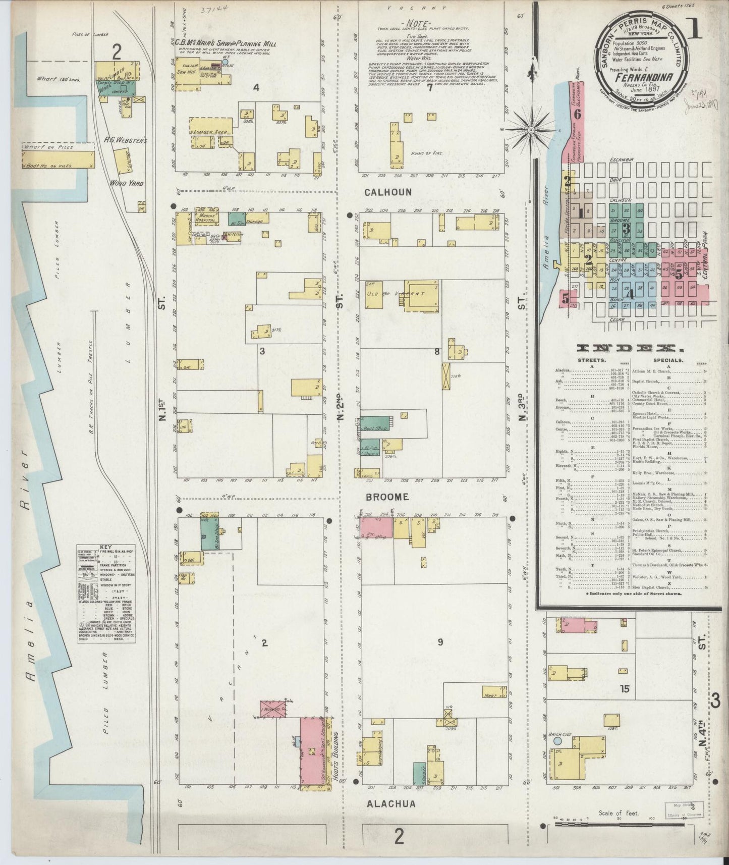 Sanborn Fire Insurance Map from Fernandina, Nassau County, Florida (1897), Sheet #0001 - Historic Sanborn Fire Insurance Map Print, vintage old map wall art, antique decor, genealogy gift, Florida Florida map
