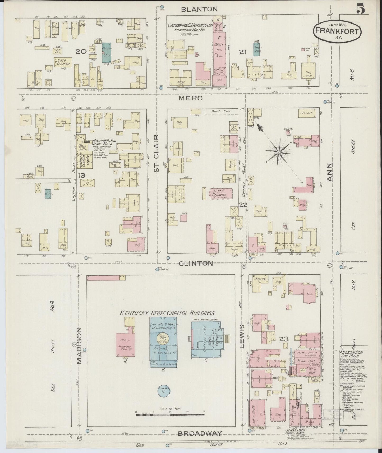 Sanborn Fire Insurance Map from Frankfort, Franklin County, Kentucky (1886), Sheet #0005 - Historic Sanborn Fire Insurance Map Print, vintage old map wall art, antique decor, genealogy gift, Kentucky Kentucky map