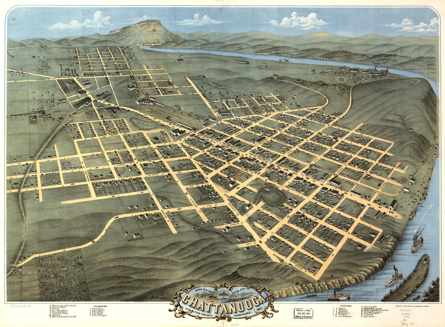 Birds eye view of the city of Chattanooga, Hamilton County, Tennessee 1871. (1871) – Historic Bird’s-Eye View Panorama Print