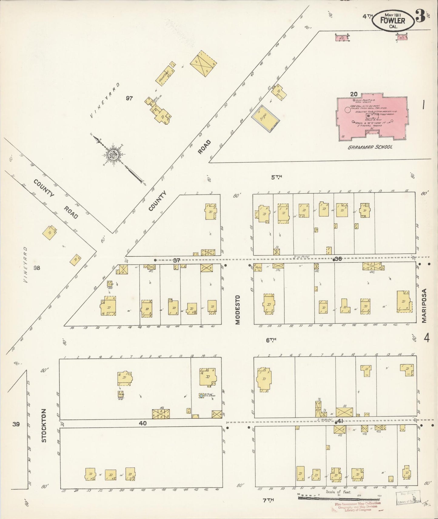 Sanborn Fire Insurance Map from Fowler, Fresno County, California (1911), Sheet #0003 - Historic Sanborn Fire Insurance Map Print, vintage old map wall art, antique decor, genealogy gift, California California map