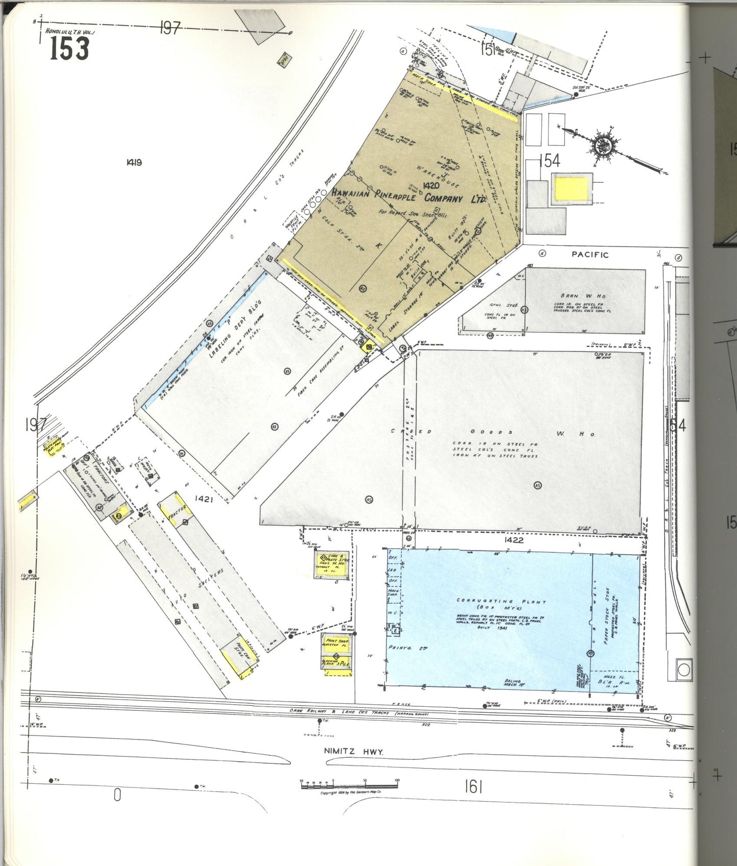 Sanborn Fire Insurance Map from Honolulu, Oahu County, Hawaii (1955), Sheet #0153 - Historic Sanborn Fire Insurance Map Print, vintage old map wall art