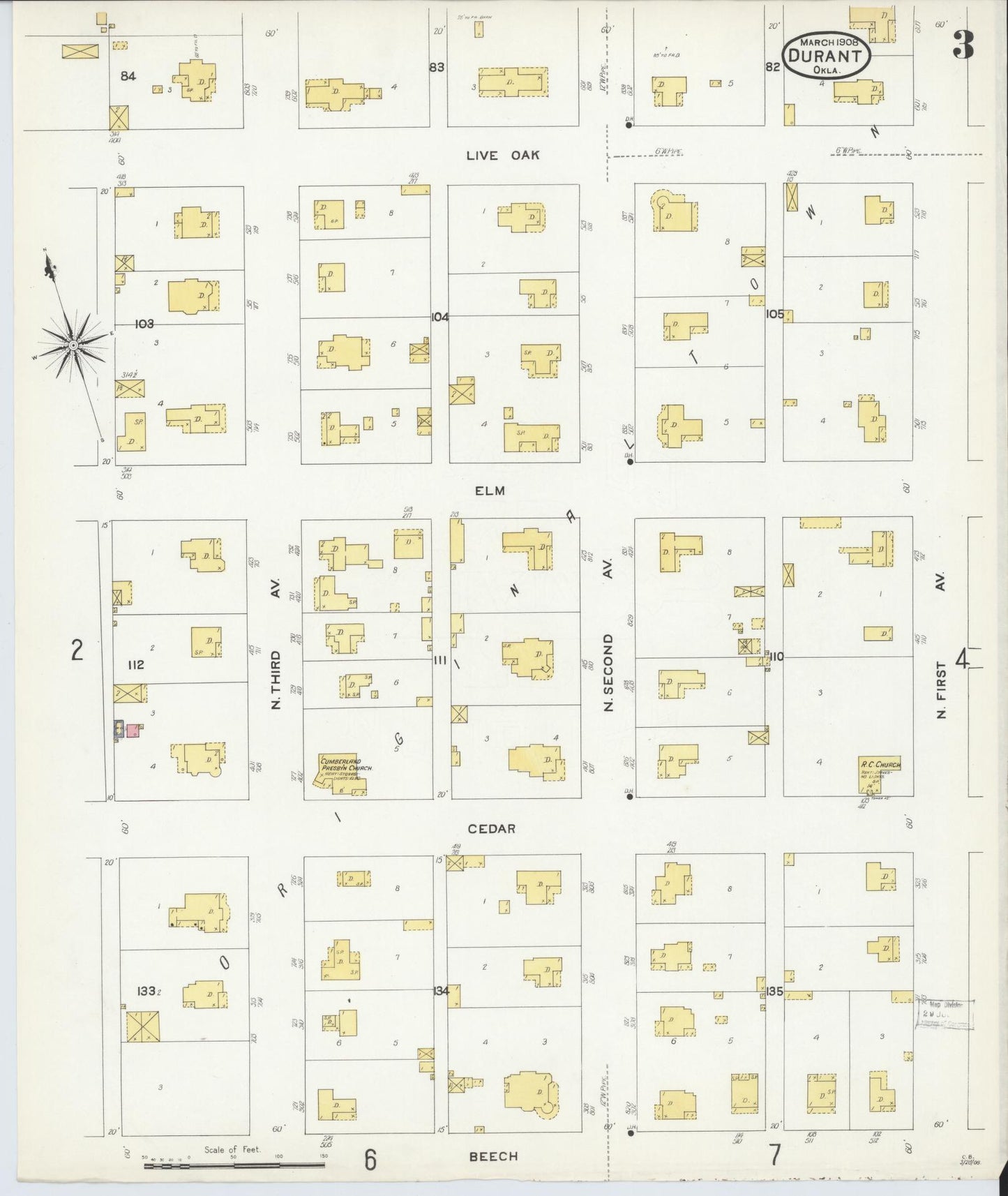 Sanborn Fire Insurance Map from Durant, Bryan County, Oklahoma (1908), Sheet #0003 - Historic Sanborn Fire Insurance Map Print, vintage old map wall art, antique decor, genealogy gift, Oklahoma Oklahoma map