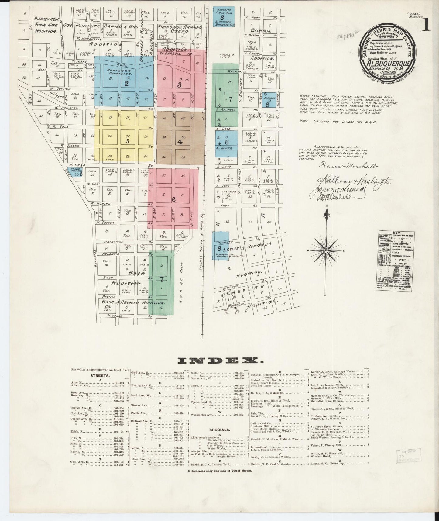 Sanborn Fire Insurance Map from Albuquerque, Bernalillo County, New Mexico (1891), Sheet #0001 - Historic Sanborn Fire Insurance Map Print, vintage old map wall art, antique decor, genealogy gift, New Mexico New Mexico map