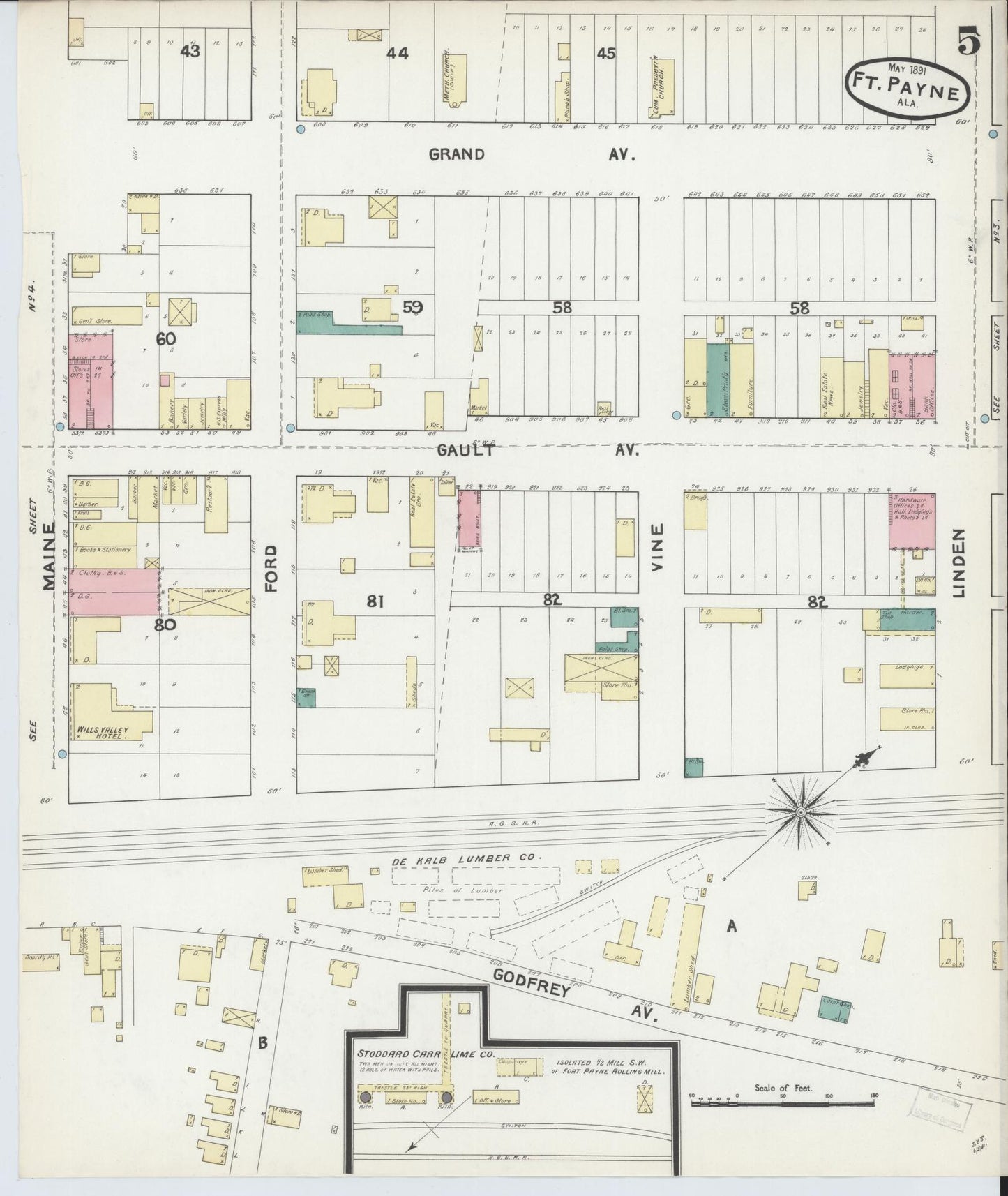 Sanborn Fire Insurance Map from Fort Payne, Dekalb County, Alabama (1891), Sheet #0005 - Complete Map Set gallery image, historic Sanborn map, vintage wall art, Alabama Alabama