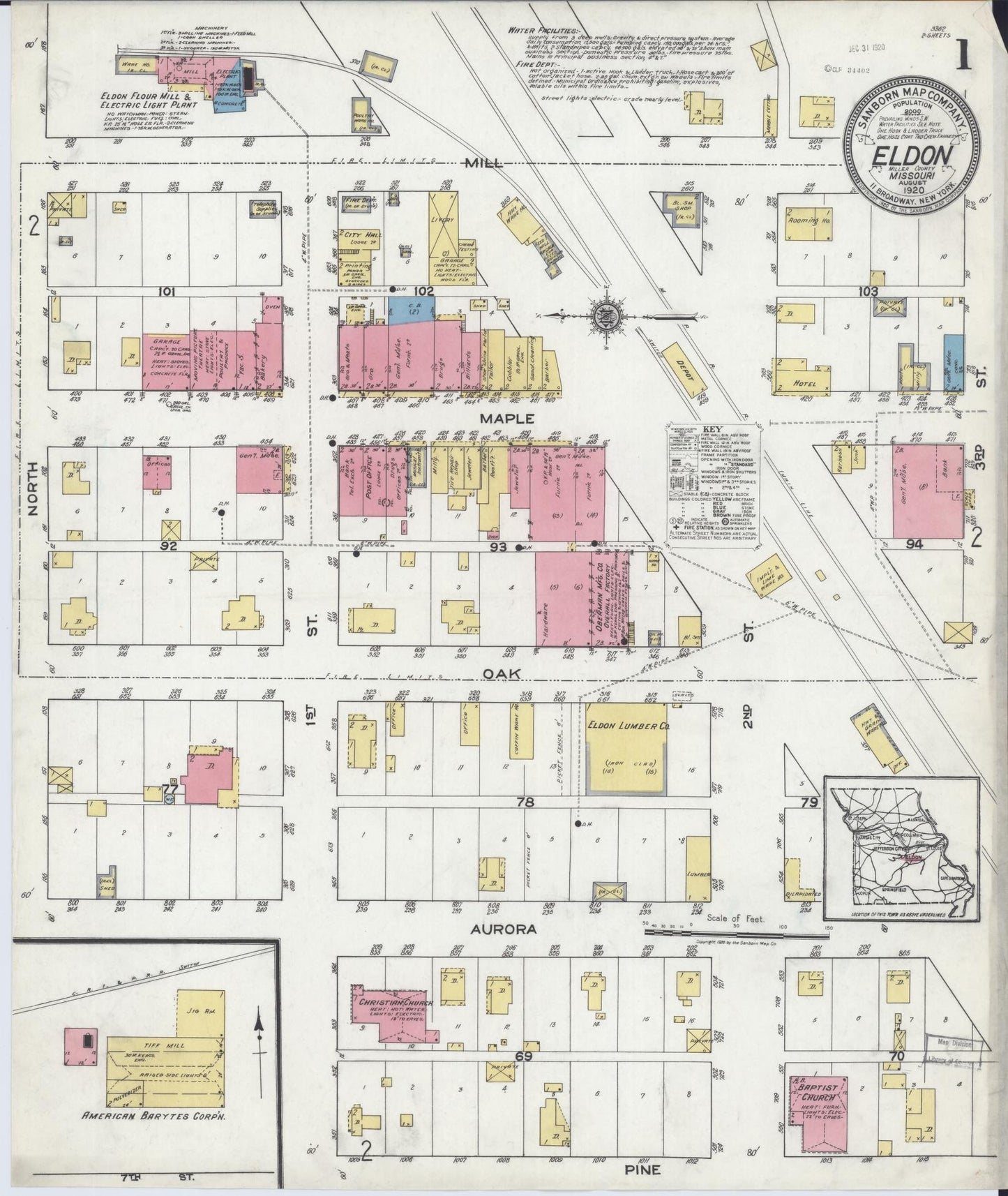Sanborn Fire Insurance Map from Eldon, Miller County, Missouri (1920), Sheet #0001 - Historic Sanborn Fire Insurance Map Print, vintage old map wall art, antique decor, genealogy gift, Missouri Missouri map