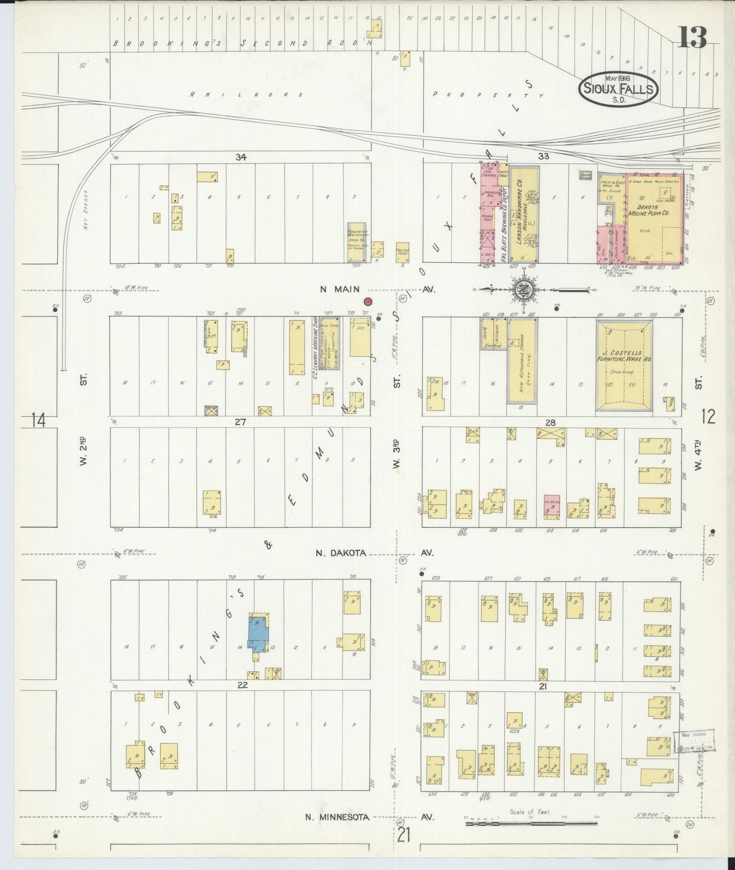 Sanborn Fire Insurance Map from Sioux Falls, Minnehaha County, South Dakota (1916), Sheet #0013 - Historic Sanborn Fire Insurance Map Print, vintage old map wall art, antique decor, genealogy gift, South Dakota South Dakota map
