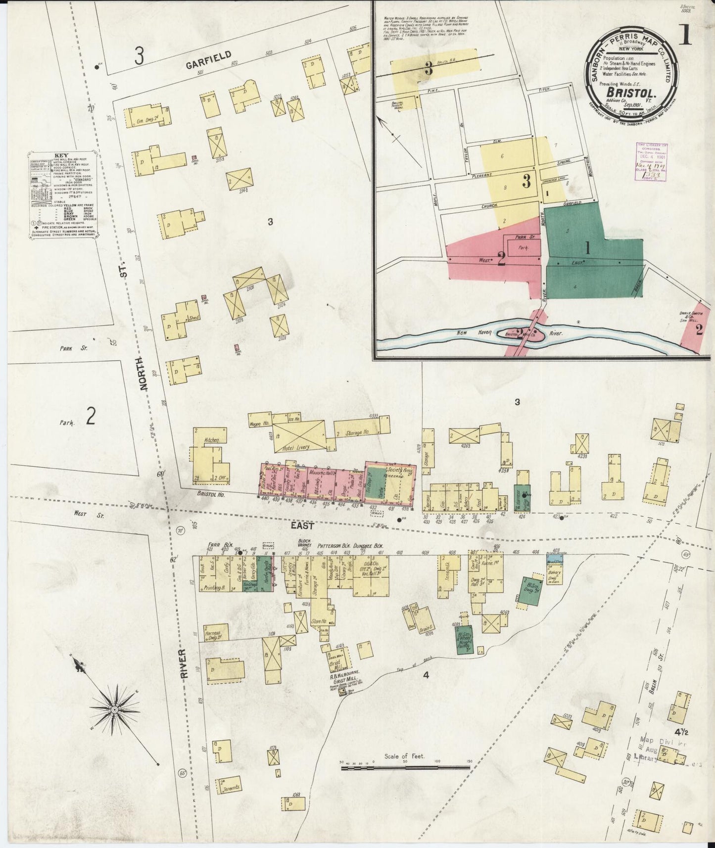 Sanborn Fire Insurance Map from Bristol, Addison County, Vermont (1901), Sheet #0001 - Historic Sanborn Fire Insurance Map Print, vintage old map wall art, antique decor, genealogy gift, Vermont Vermont map