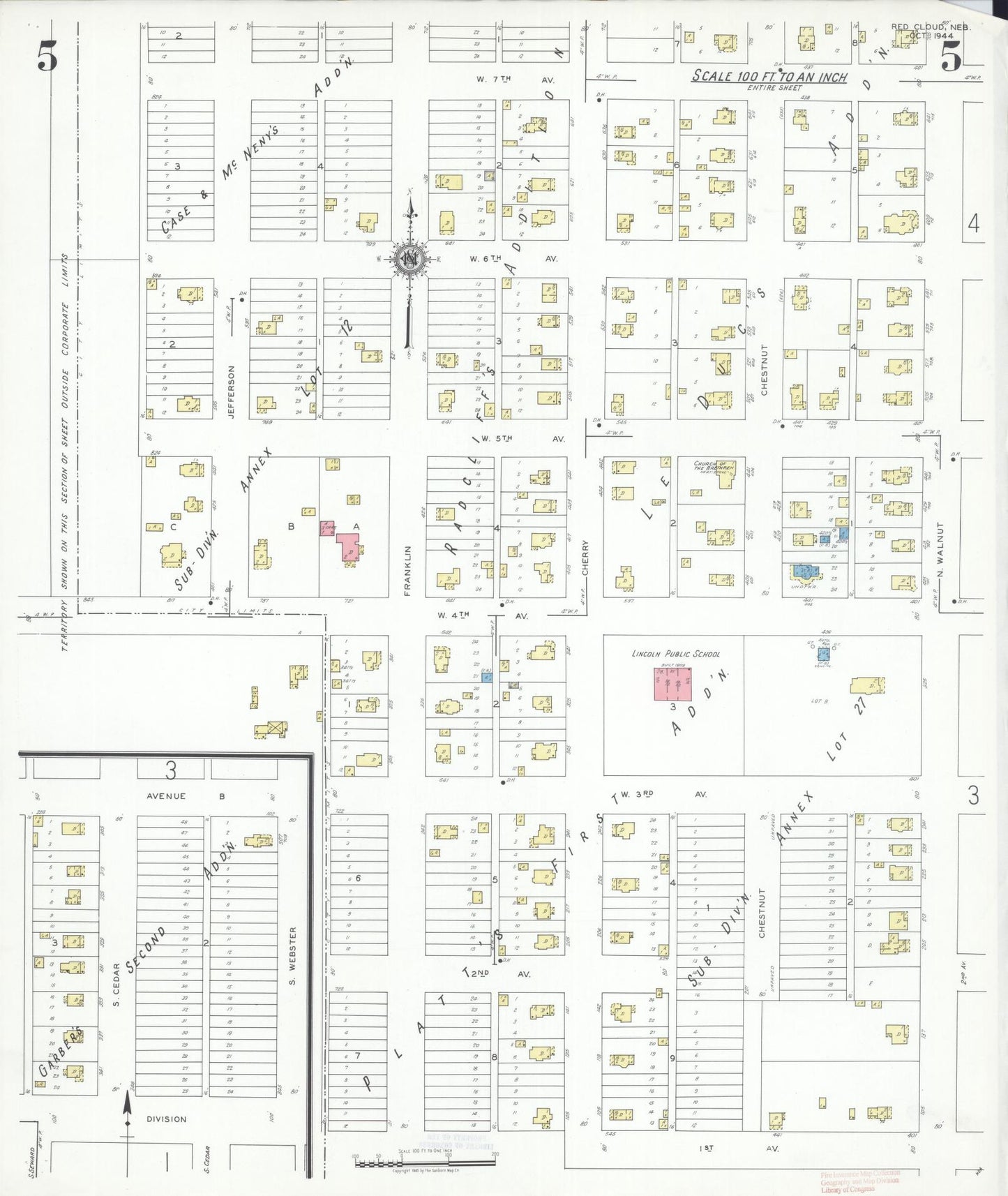 Sanborn Fire Insurance Map from Red Cloud, Webster County, Nebraska (1944), Sheet #0005 - Complete Map Set gallery image, historic Sanborn map, vintage wall art, Nebraska Nebraska