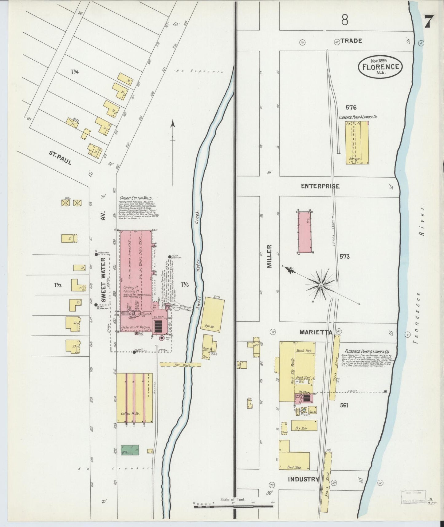 Sanborn Fire Insurance Map from Florence, Lauderdale County, Alabama (1899), Sheet #0007 - Historic Sanborn Fire Insurance Map Print, vintage old map wall art, antique decor, genealogy gift, Alabama Alabama map