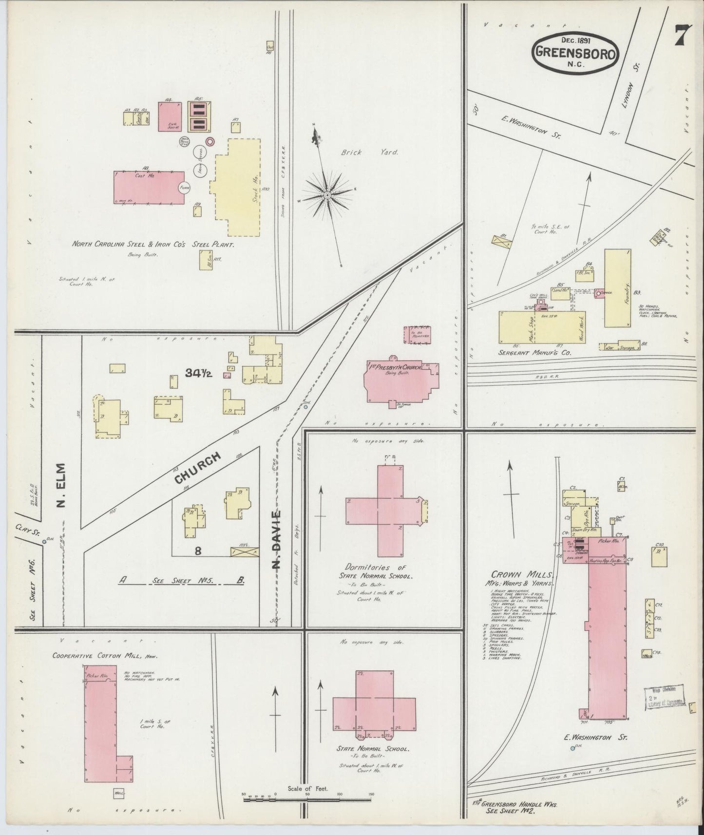 Sanborn Fire Insurance Map from Greensboro, Guilford County, North Carolina (1891), Sheet #0007 - Complete Map Set gallery image, historic Sanborn map, vintage wall art, North Carolina North Carolina