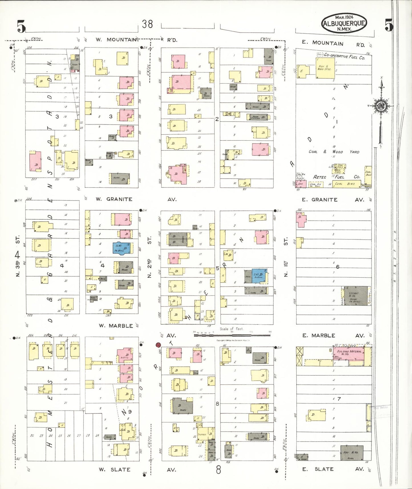 Sanborn Fire Insurance Map from Albuquerque, Bernalillo County, New Mexico (1924), Sheet #0005 - Historic Sanborn Fire Insurance Map Print, vintage old map wall art, antique decor, genealogy gift, New Mexico New Mexico map