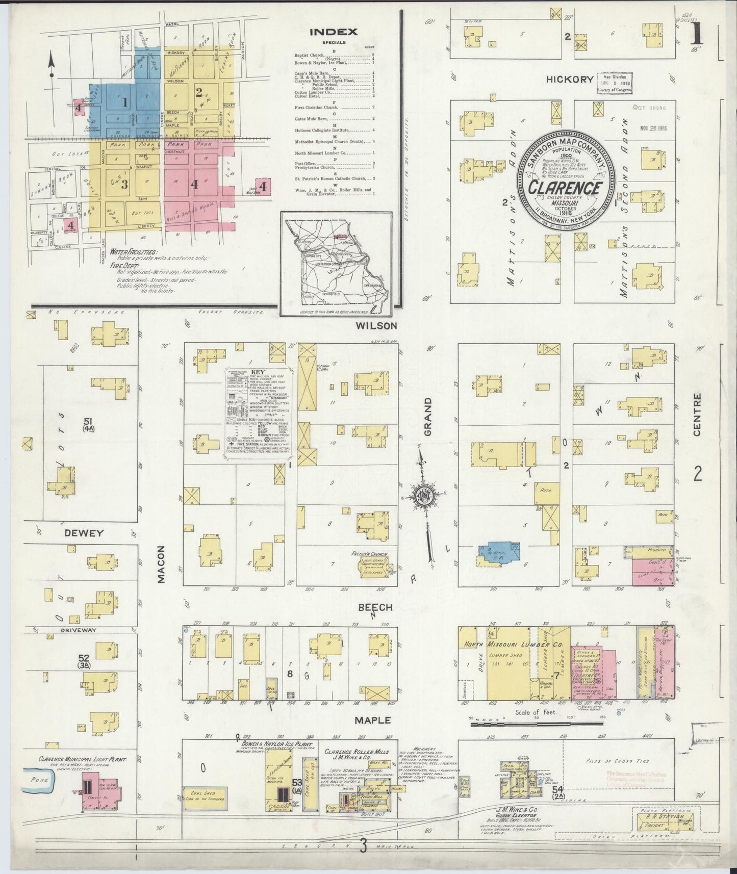 Sanborn Fire Insurance Map from Clarence, Shelby County, Missouri (1916), Sheet #0001 - Historic Sanborn Fire Insurance Map Print, vintage old map wall art, antique decor, genealogy gift, Missouri Missouri map