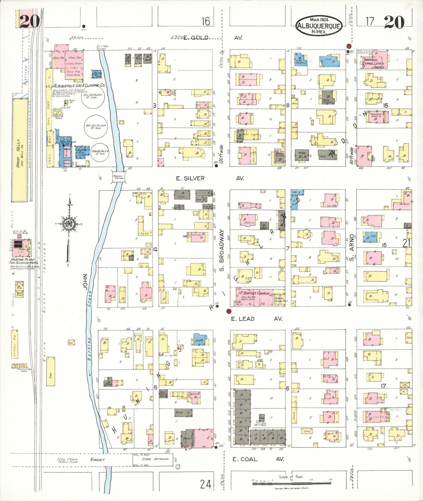 Sanborn Fire Insurance Map from Albuquerque, Bernalillo County, New Mexico (1924), Sheet #0020 - Historic Sanborn Fire Insurance Map Print, vintage old map wall art, antique decor, genealogy gift, New Mexico New Mexico map