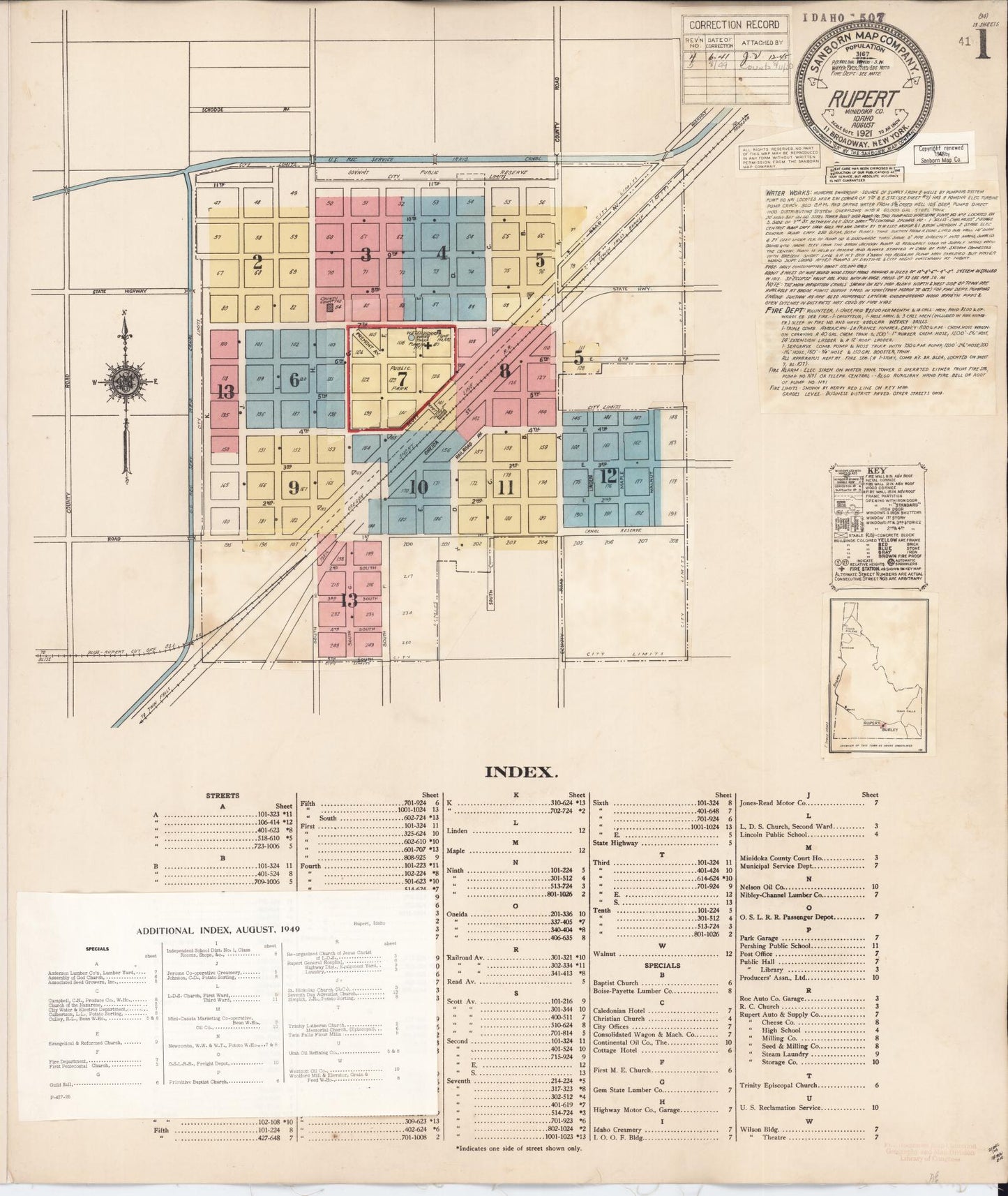 Sanborn Fire Insurance Map from Rupert, Minidoka County, Idaho (1949), Sheet #0001 - Historic Sanborn Fire Insurance Map Print, vintage old map wall art, antique decor, genealogy gift, Idaho Idaho map