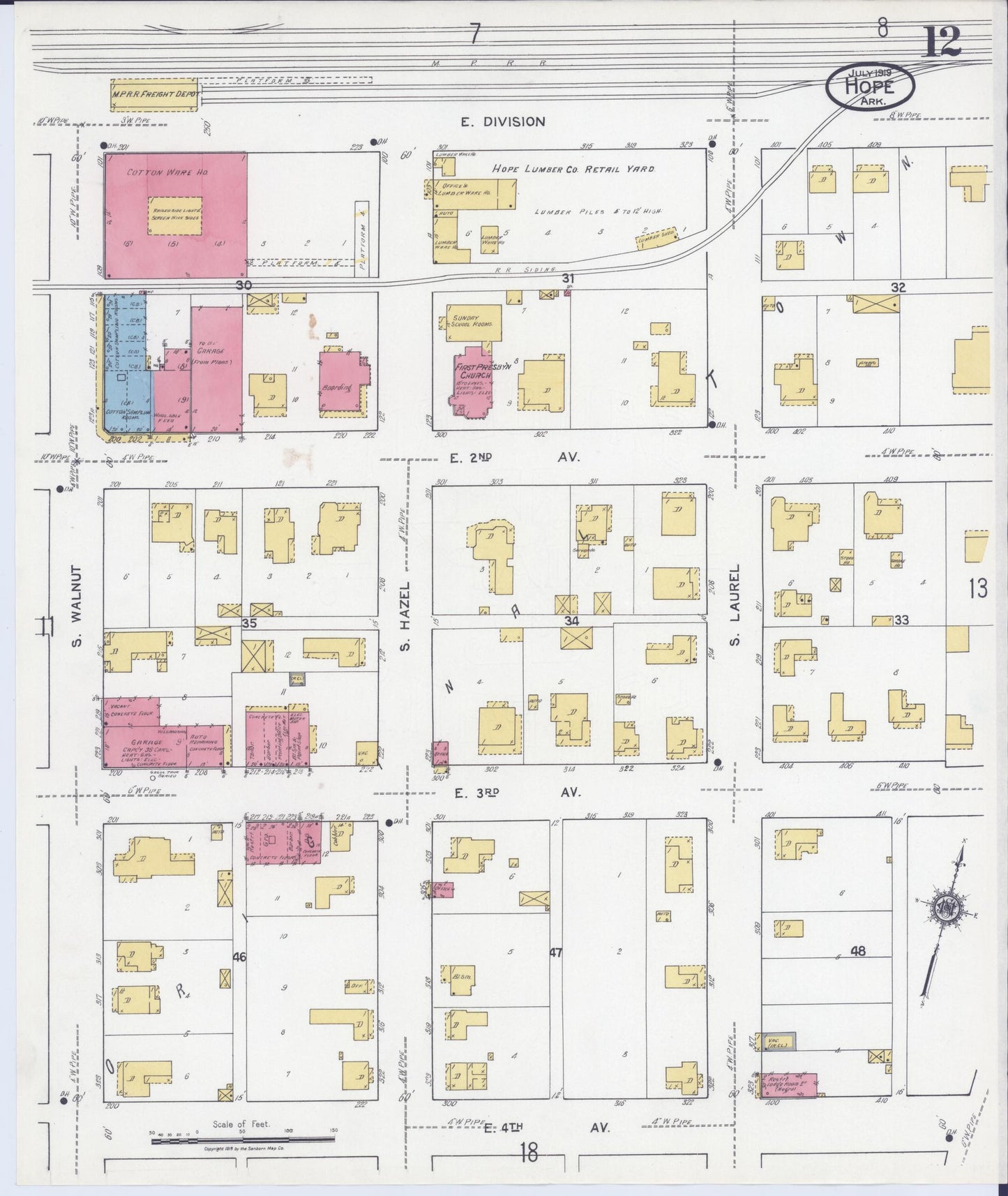 Sanborn Fire Insurance Map from Hope, Hempstead County, Arkansas (1919), Sheet #0012 - Historic Sanborn Fire Insurance Map Print, vintage old map wall art, antique decor, genealogy gift, Arkansas Arkansas map