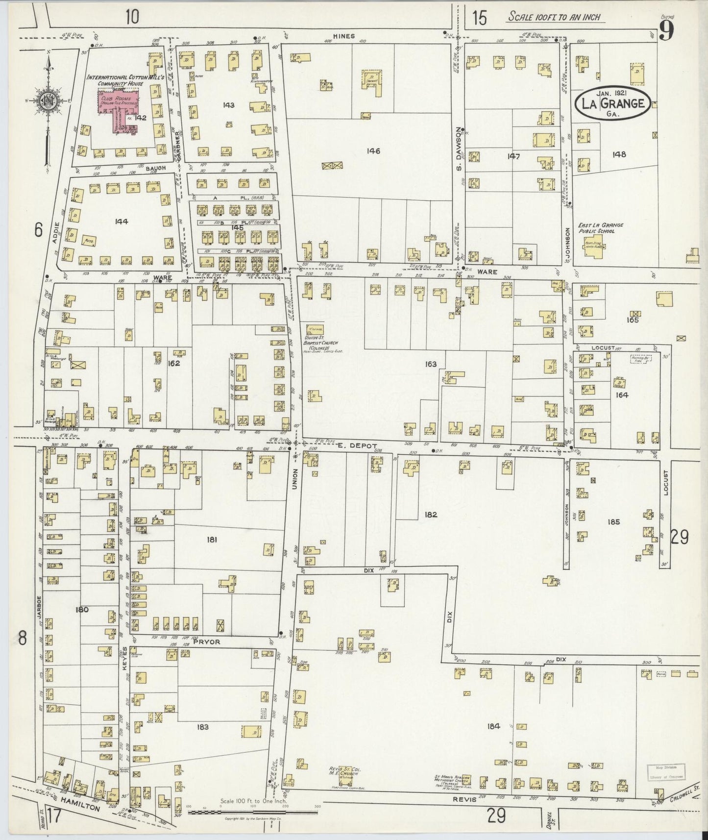 Sanborn Fire Insurance Map from La Grange, Troup County, Georgia (1921), Sheet #0009 - Historic Sanborn Fire Insurance Map Print, vintage old map wall art, antique decor, genealogy gift, Georgia Georgia map