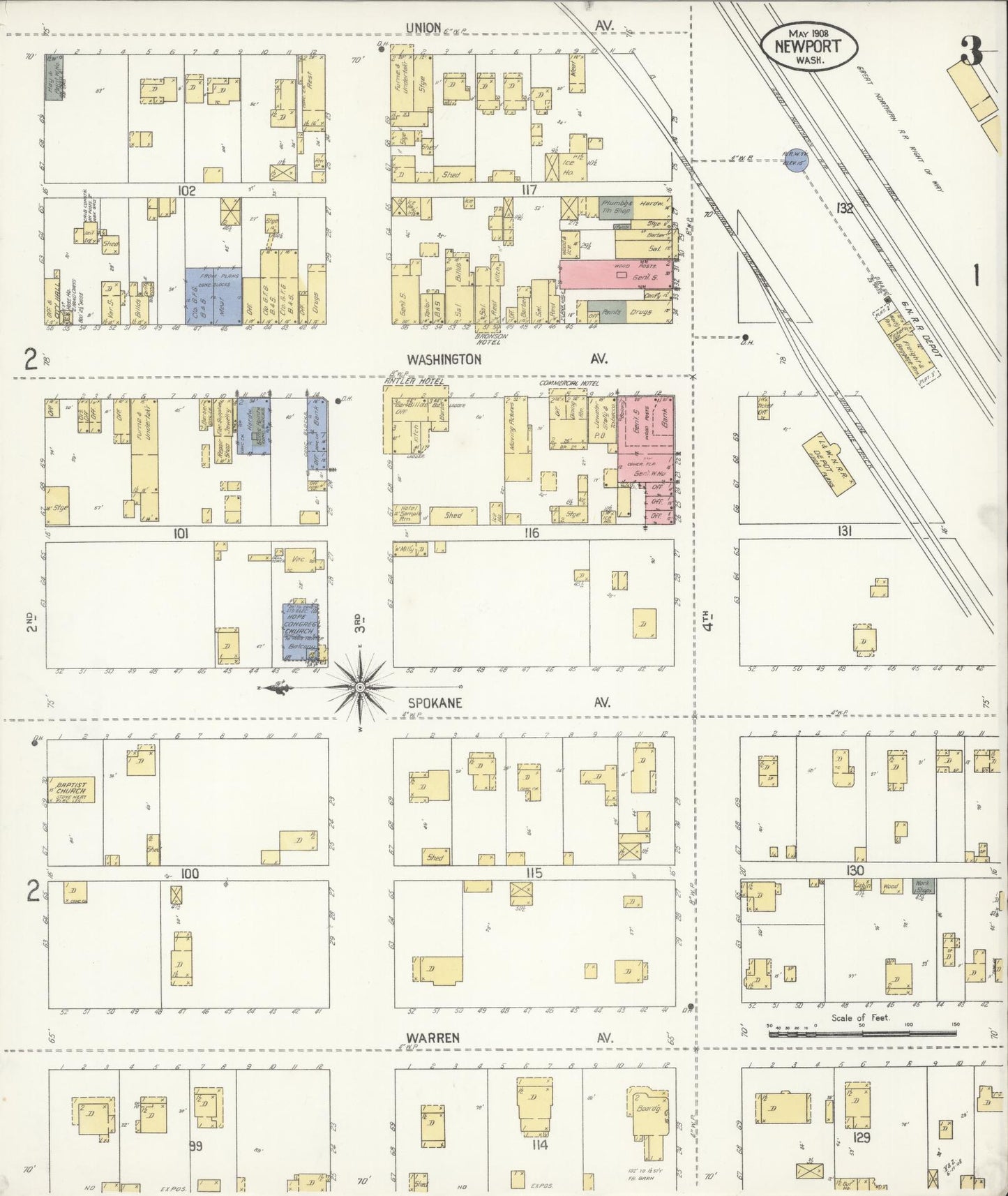 Sanborn Fire Insurance Map from Newport, Pend Orielle County, Washington (1908), Sheet #0003 - Complete Map Set gallery image, historic Sanborn map, vintage wall art, Washington Washington