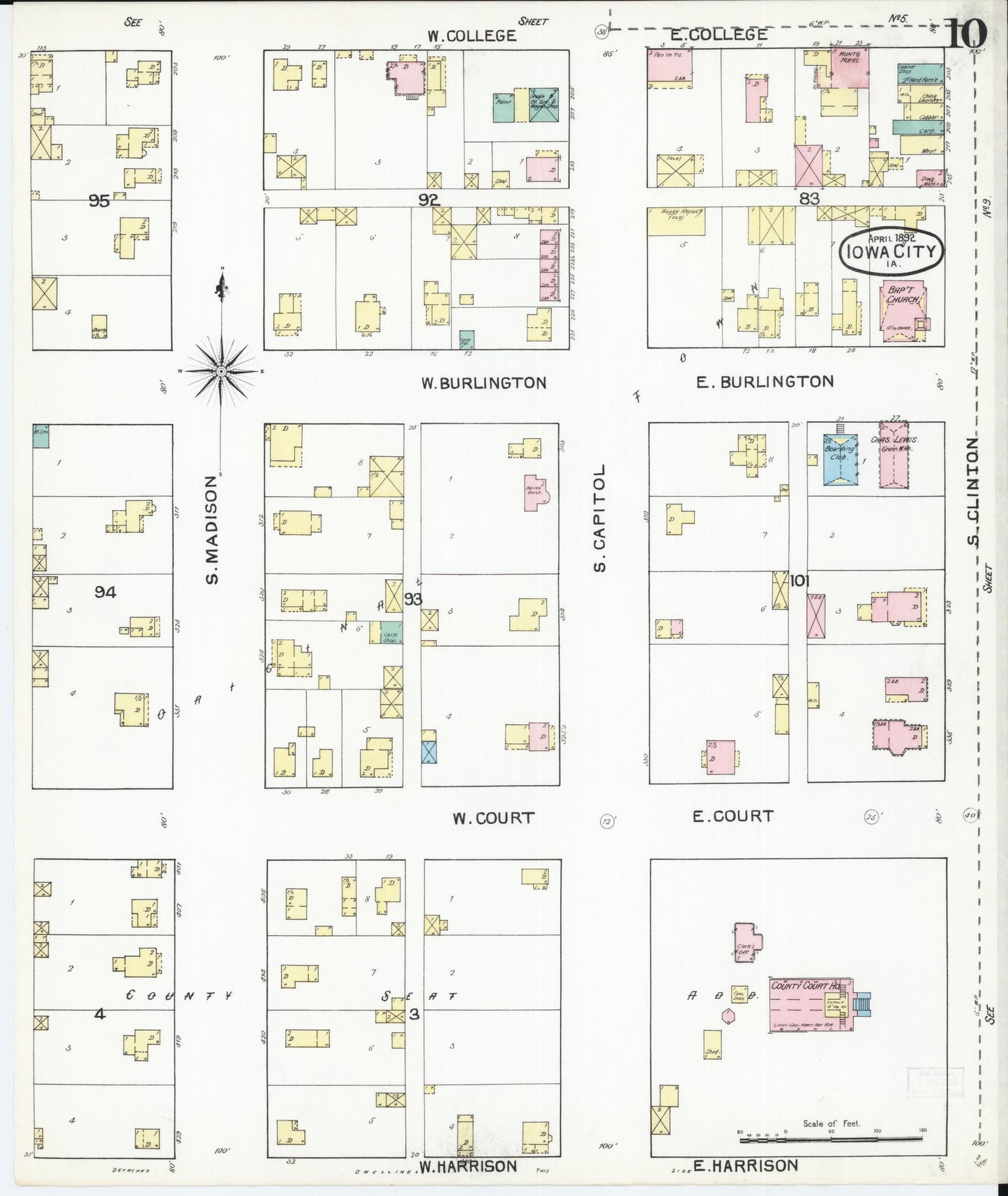Sanborn Fire Insurance Map from Iowa City, Johnson County, Iowa (1892), Sheet #0010 - Historic Sanborn Fire Insurance Map Print, vintage old map wall art